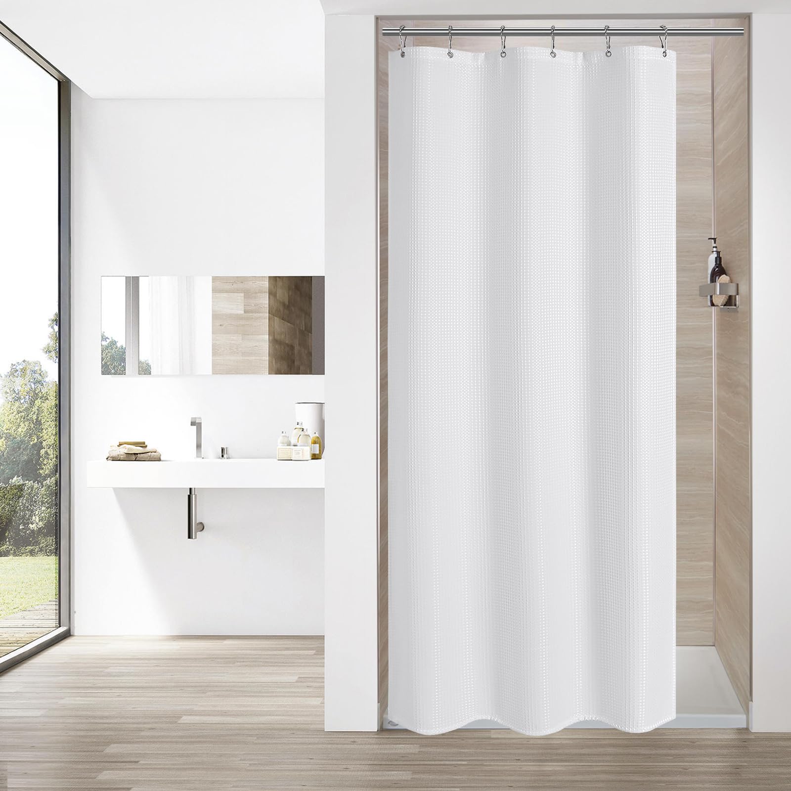 MitoVilla White Waffle Weave Half Size Shower Curtain 36 x 72 Inches - Modern Narrow Fabric Bath Curtain with Weighted Hem for Small Stall, Luxury Hotel Style Bathroom Decor - Perfect for Apartments, Dorms & Cozy Bathrooms