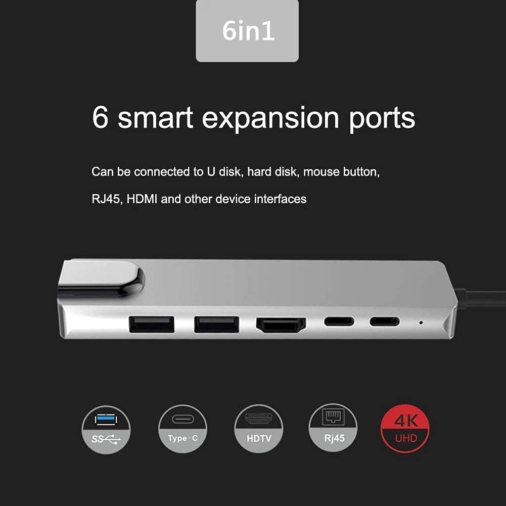 6-in-1 USB C Hub Multiport Adapter with 4K HDMI, Ethernet, PD Charging, USB 3.0 & 2.0 - Compatible with MacBook, Surface, Dell, HP - Perfect for Home Office, Remote Work & Travel