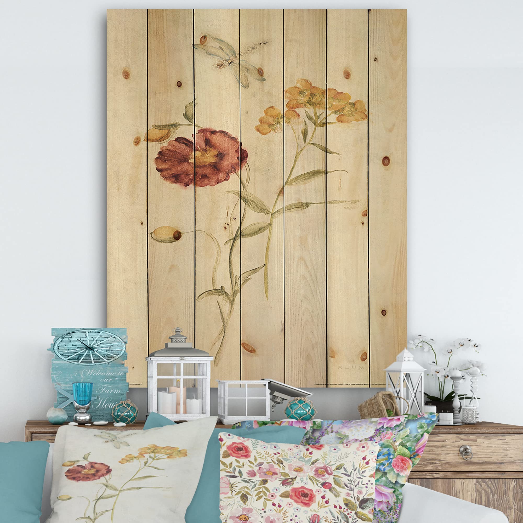 DesignQ Wild Simple Wallflowers III Farmhouse Wood Wall Decor - Large Floral Wood Wall Art Panels Printed on Natural Pine - Perfect for Living Room, Bedroom & Rustic Home Decor