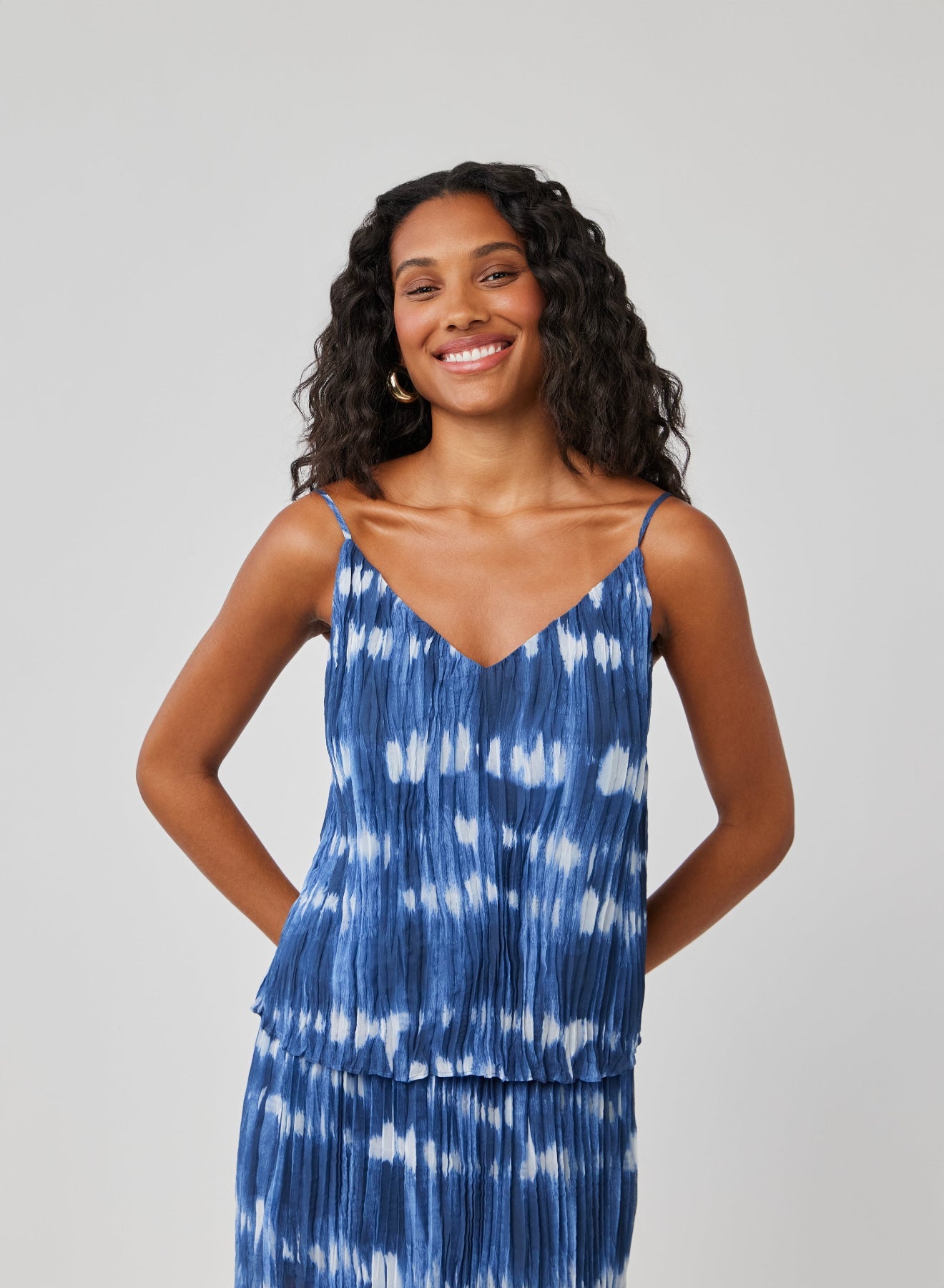 Sunburst Pleated Cami Top - Ocean Tides Print Flowy Blouse for Women | Beach Vacation, Summer Outfits & Casual Wear