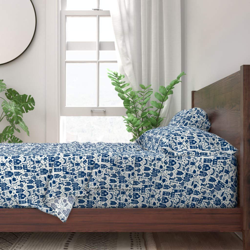 100% Cotton Twin Sheet Set - Delft Dutch Windmill Blue Folk Art Print Bedding | Soft & Breathable 3pc Bed Sheets for Home, Dorm, Travel | Machine Washable