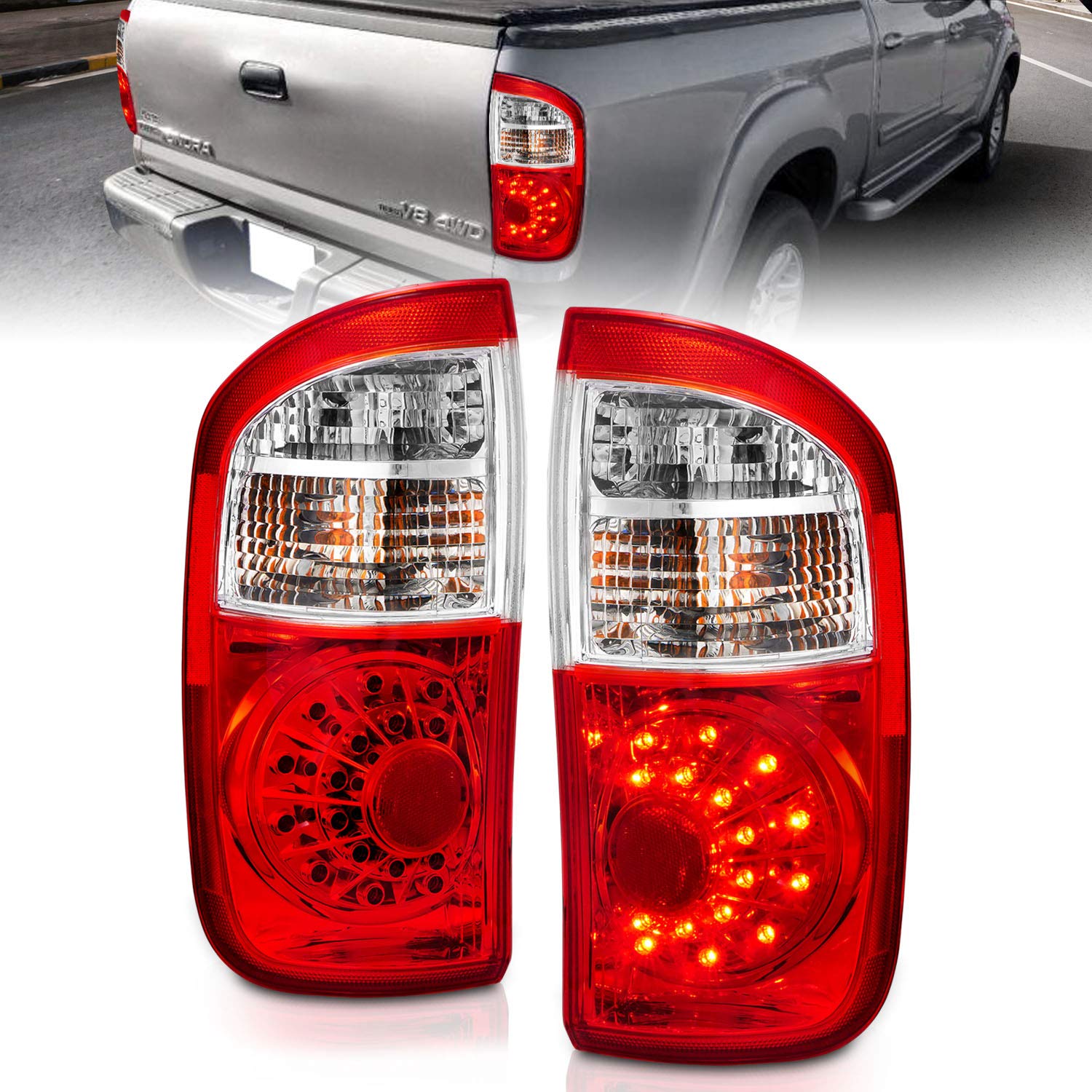 AmeriLite LED Tail Lights for 2000-2006 Toyota Tundra Double Cab - Red Replacement Pair (Left & Right) - Enhanced Visibility & Style for Night Driving and Off-Road Adventures