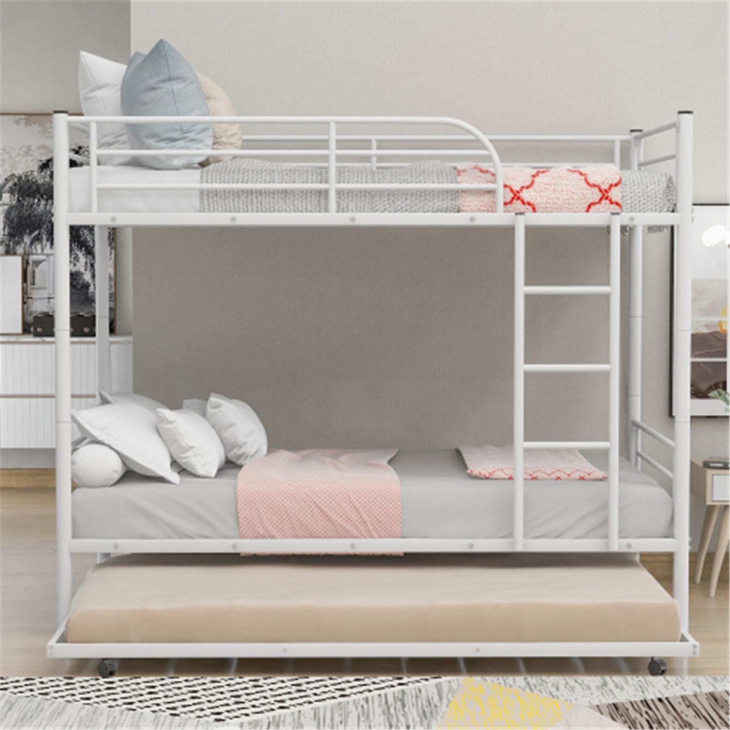 Twin Over Twin Bunk Bed with Trundle - Sturdy Metal Bunk Bed Frame with Ladder & Safety Guardrail for Adults & Teens - No Box Spring Required - Convertible to 2 Separate Beds - White - Perfect for Small Bedrooms, Guest Rooms & Vacation Homes