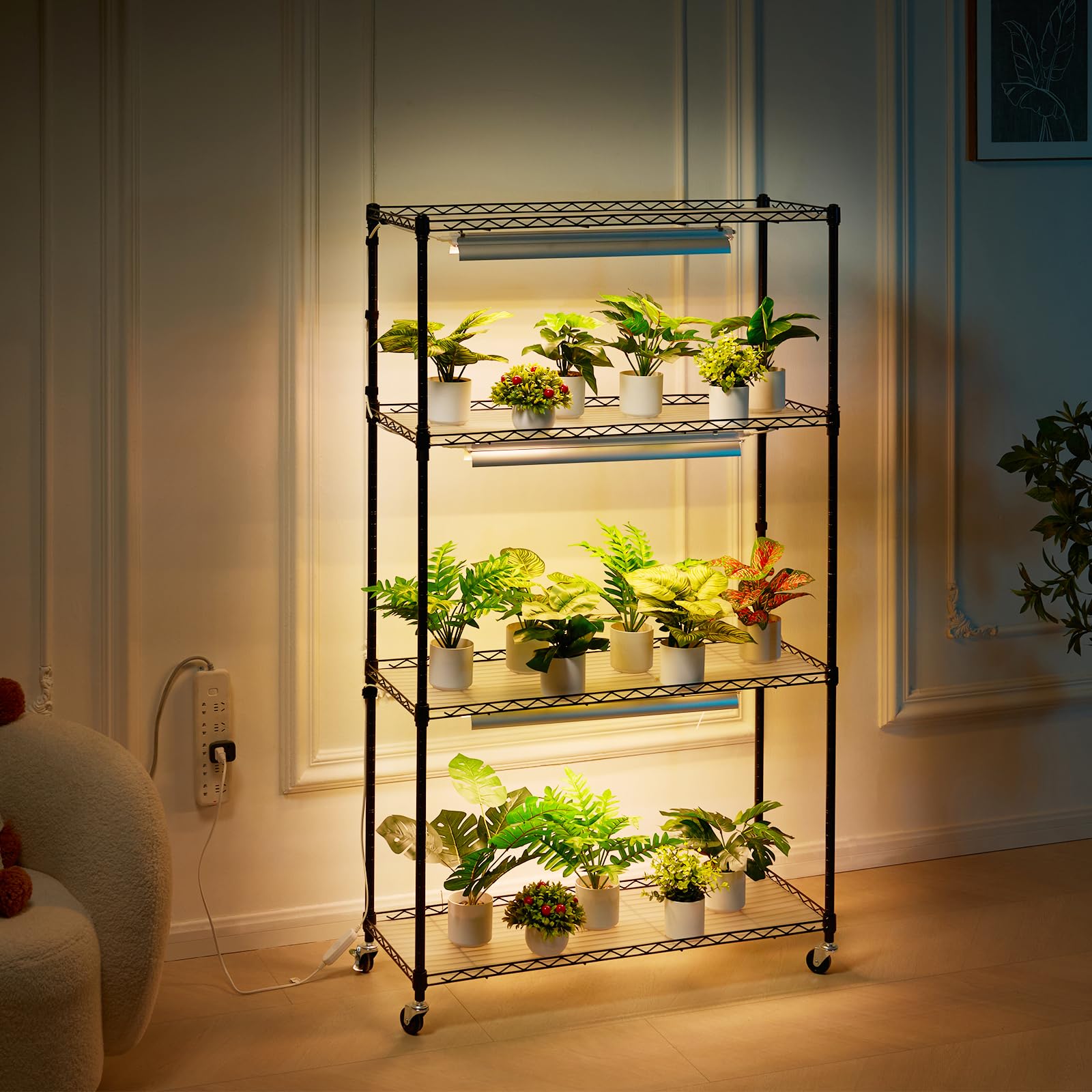 VEVOR 4 Tier Metal Plant Stand with 90W Full Spectrum Grow Light - Adjustable Indoor Plant Shelf with 3 Lighting Modes for Seed Starting, Herbs & Houseplants - Perfect for Home, Office & Garden Plant Display
