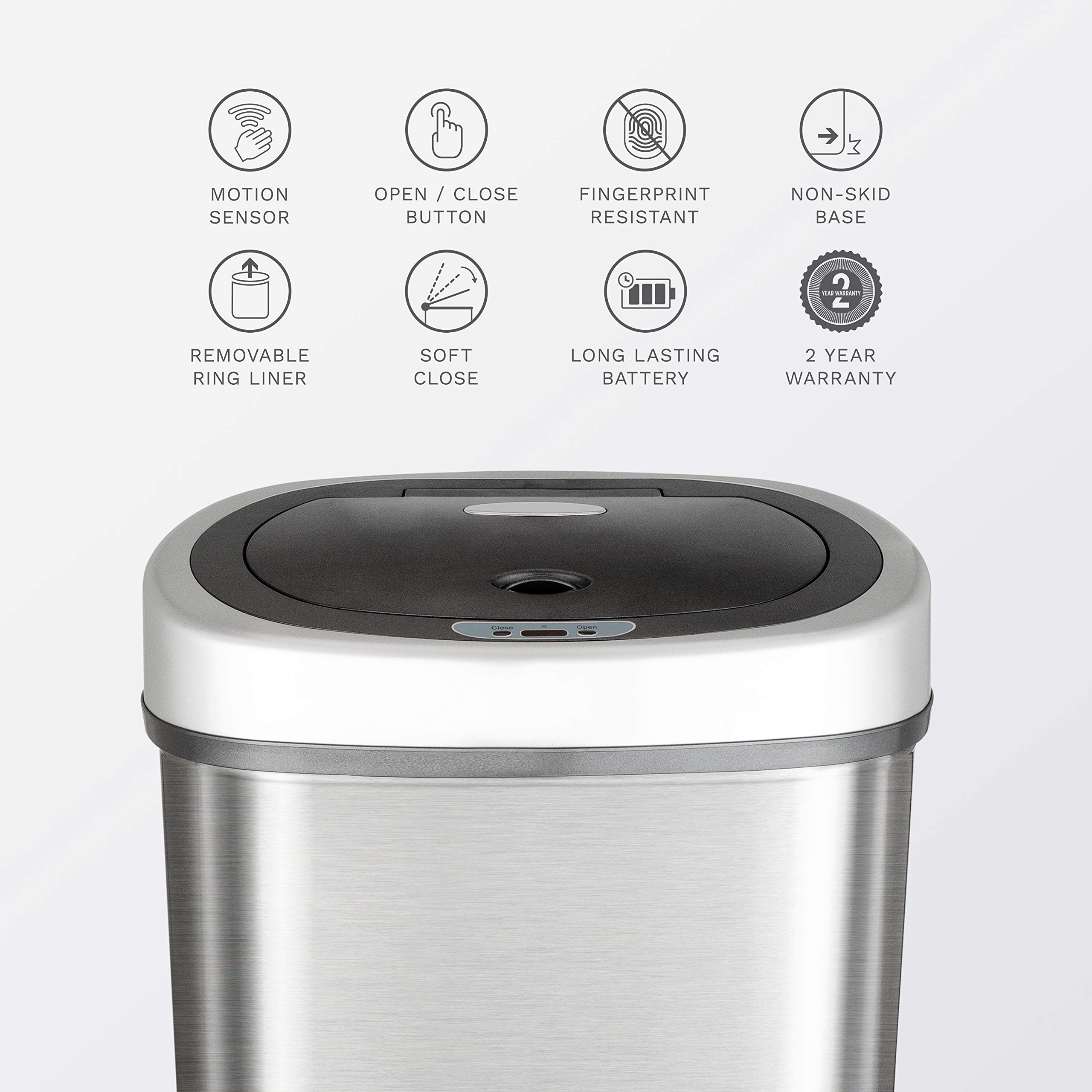 NINESTARS Automatic Touchless Infrared Motion Sensor Trash Can Combo Set - 13 Gal (50L) & 3 Gal (12L) Stainless Steel Base, Oval Design with Silver/Black Lid - Perfect for Kitchen, Bathroom, Office & Home Use