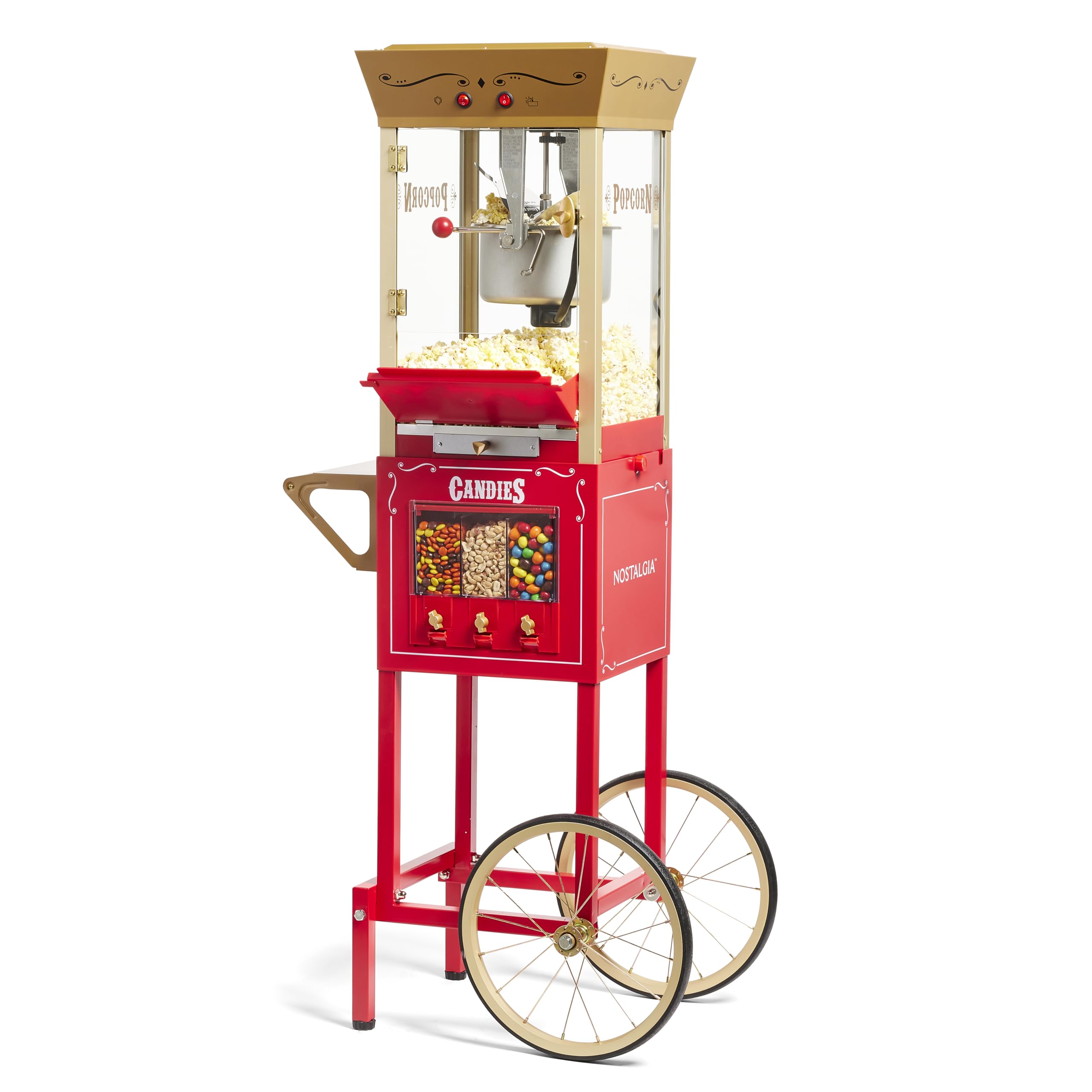 Vintage 8oz Professional Popcorn Cart Machine - Makes 32 Cups with 3 Storage Dispensers for Candy, Nuts & Chocolate | Includes Measuring Scoop & Spoons | Perfect for Movie Nights, Carnivals & Home Theater Snacks (Red)
