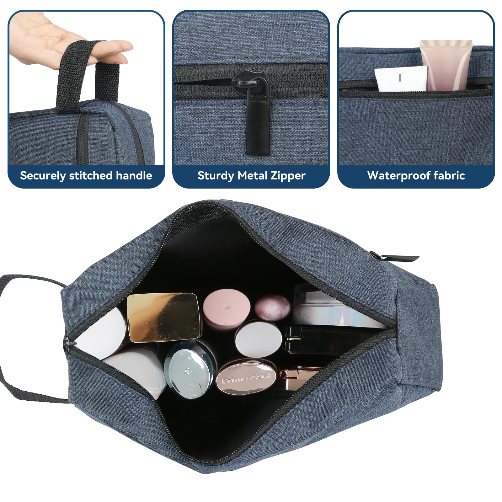3 PCS Waterproof Men's Toiletry Bag - Hanging Travel Organizer for Shampoo, Razor & Essentials - Lightweight Canvas Dopp Kit (Blue) - Perfect for Camping, Gym & Business Trips