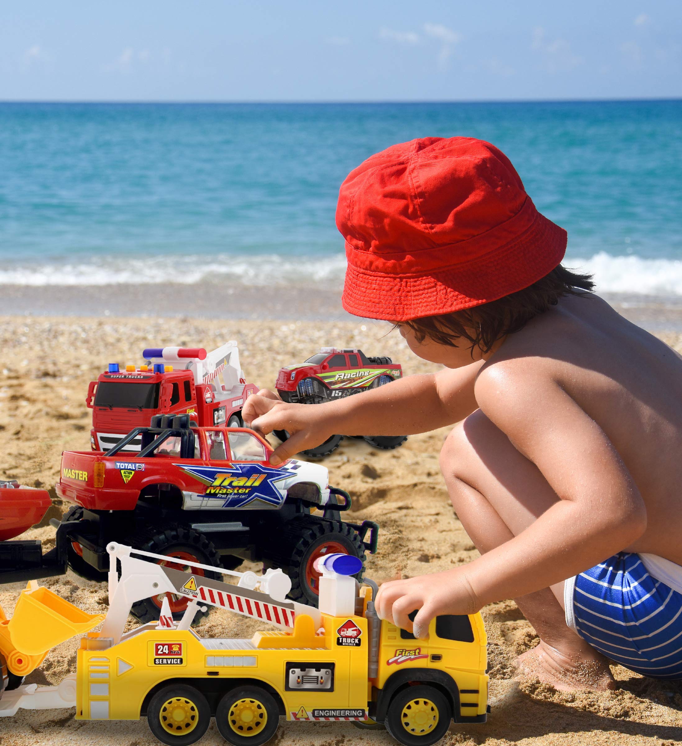 Mozlly 4-Pack Friction Powered Toy Trucks Set - 3 Emergency Tow Trucks with Lights & Sounds + Monster Truck with Speed Boat Trailer - Push & Go Action Vehicles for Kids - Perfect for Pretend Play, Birthday Gifts & STEM Learning (Styles May Vary)