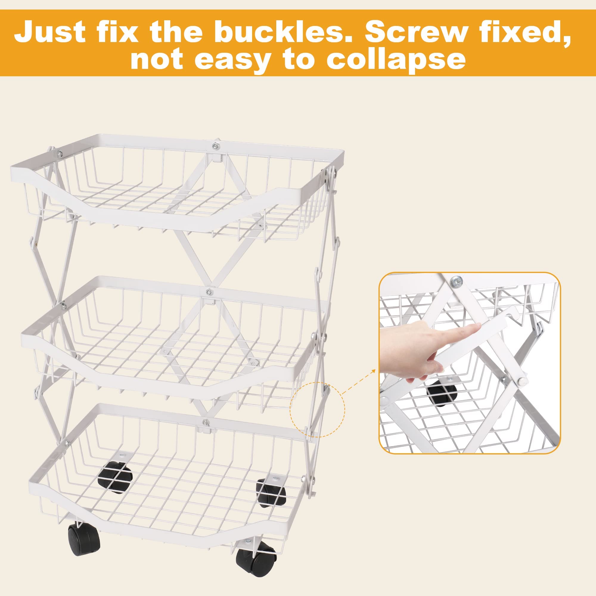 3-Tier Metal Wire Fruit Basket Organizer with Wheels - Foldable Kitchen Storage for Fruits & Vegetables - White - Perfect for Kitchen, Bathroom, Living Room & Bedroom Organization