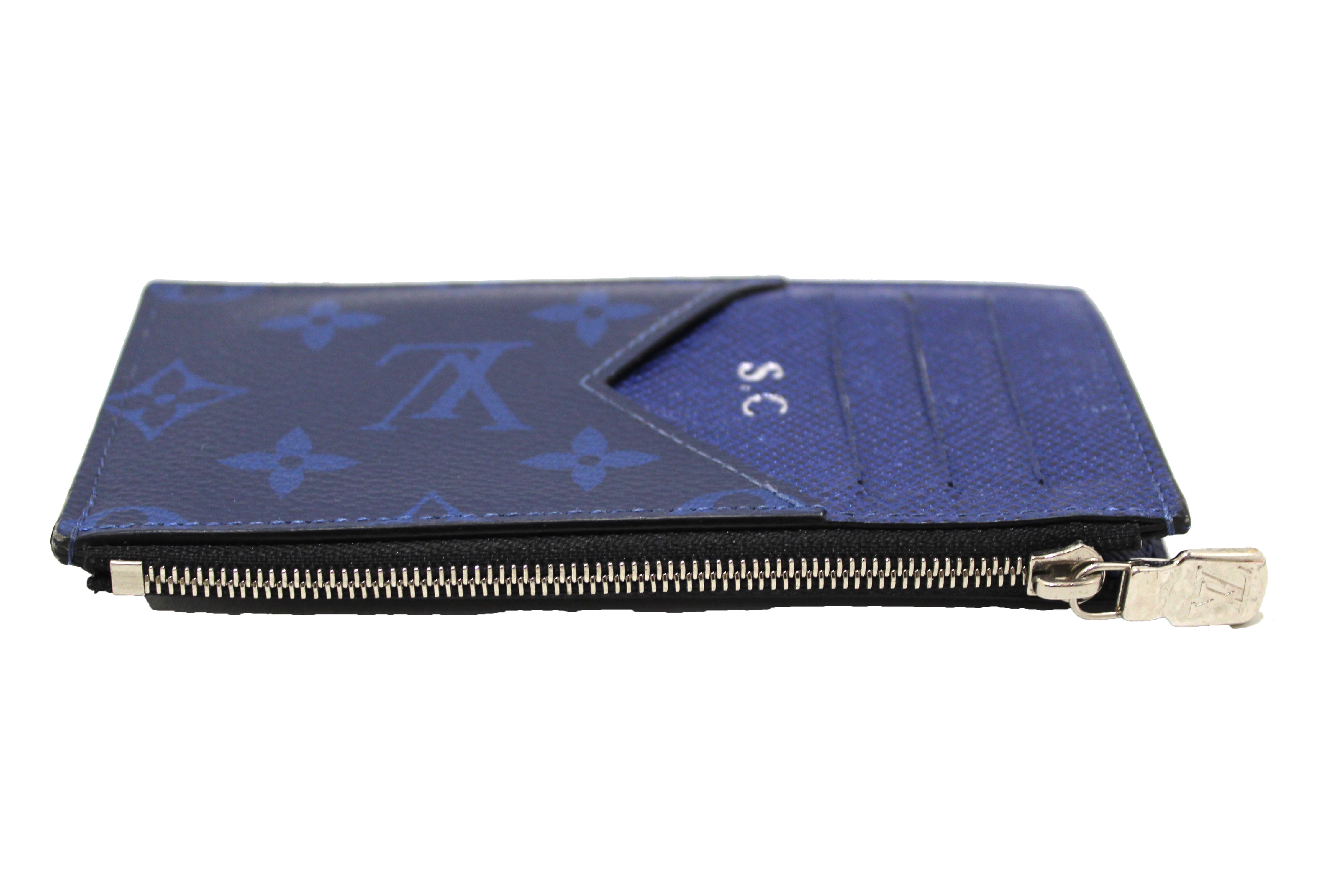 Authentic Louis Vuitton Blue Monogram Canvas & Taiga Leather Coin Card Holder Wallet - Perfect for Everyday Use, Travel & Luxury Gift Giving