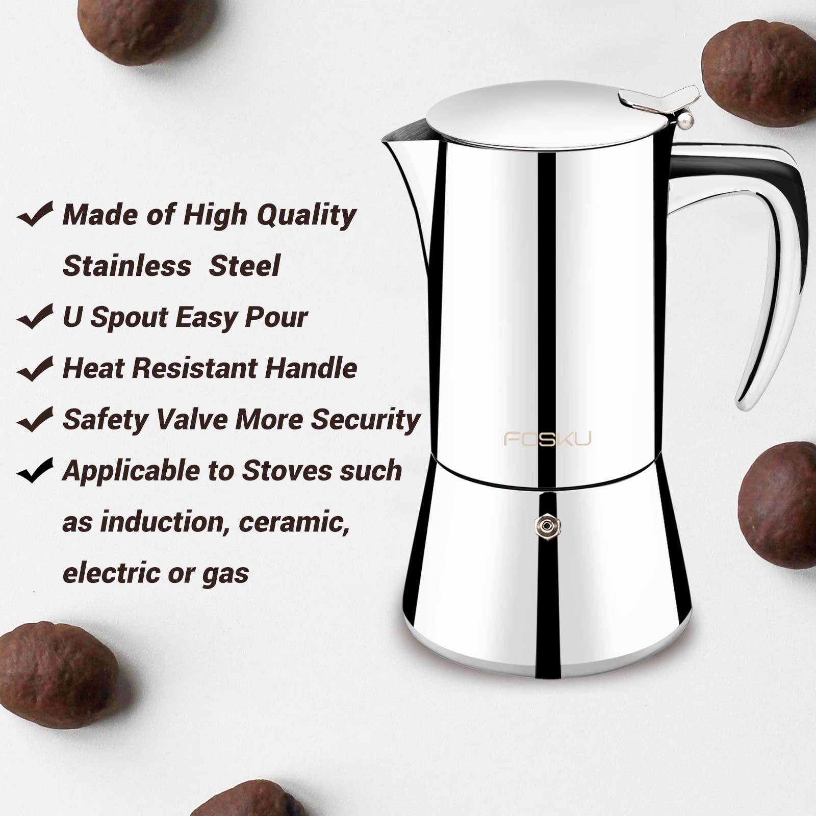 Stainless Steel Stovetop Espresso Maker - Italian Moka Pot for 3-4 Cups (200ml) - Induction Compatible Coffee Machine for Home, Office & Camping Use