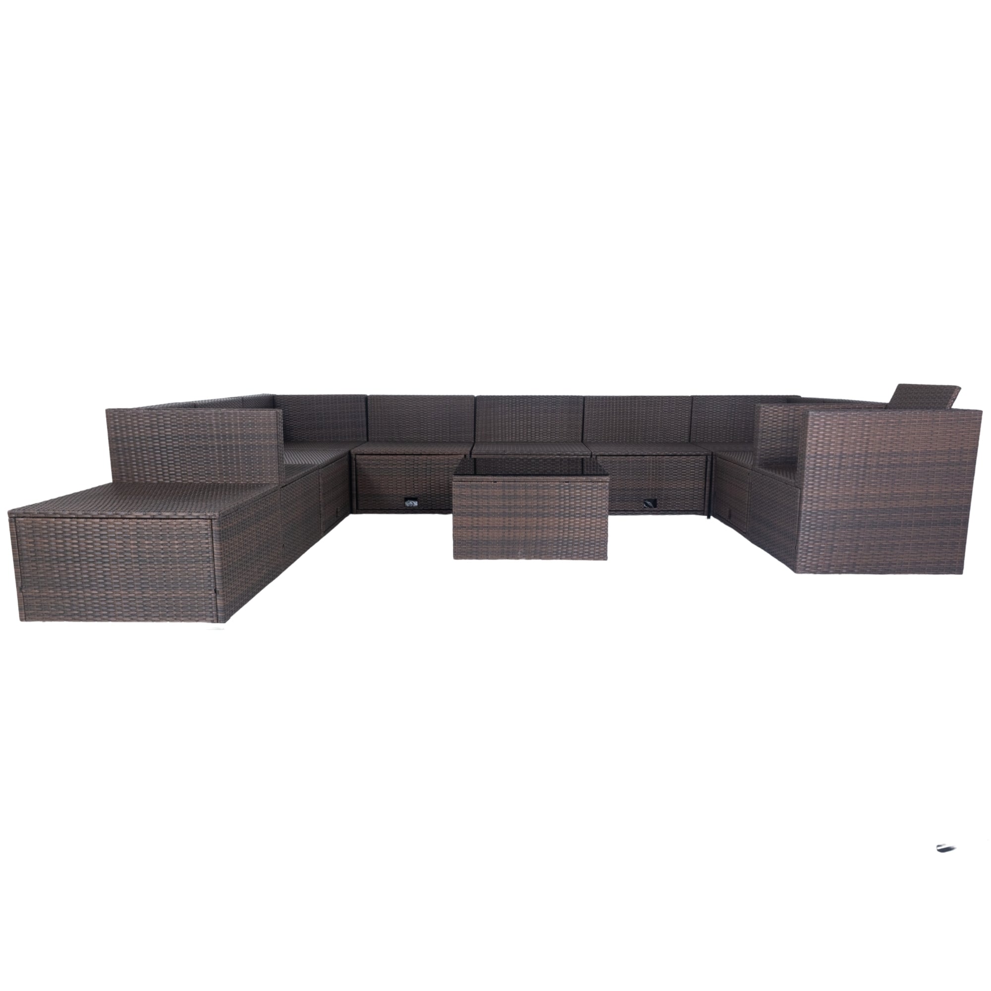 11-Piece Brown Wicker Patio Conversation Set with White Cushions - 10-Seater Outdoor Sectional Sofa with 3 Under-Seat Storage Boxes - Perfect for Backyard, Garden, Poolside & Patio Relaxation