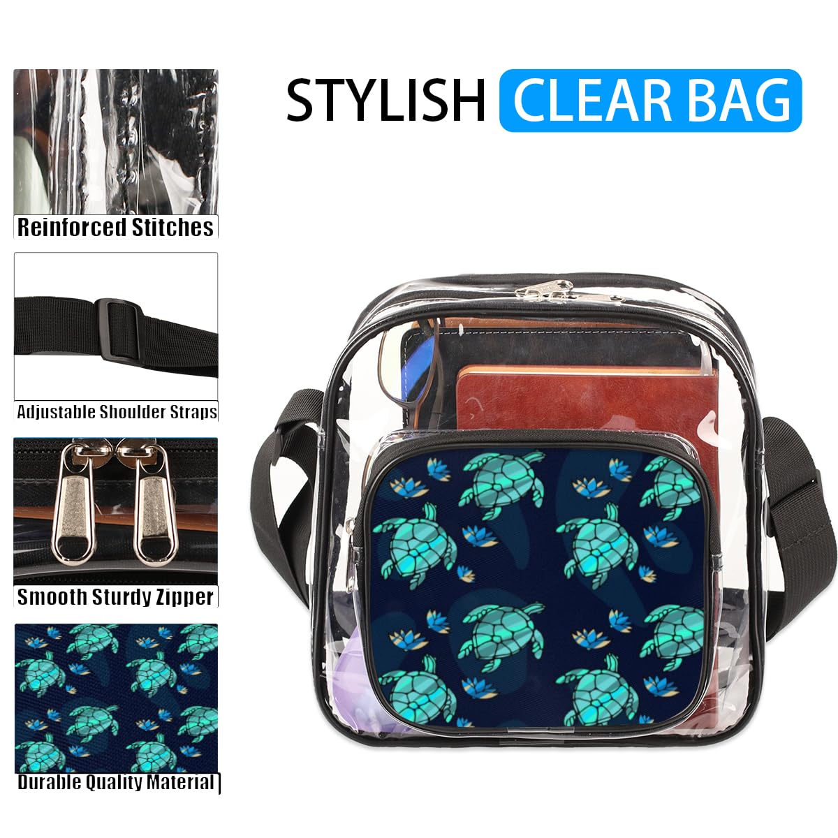 Turtle Dark Blue Clear Crossbody Purse - Stadium Approved Transparent Bag for Women & Men - Perfect for Festivals, Sports Events & Small Concerts - Lightweight & Secure