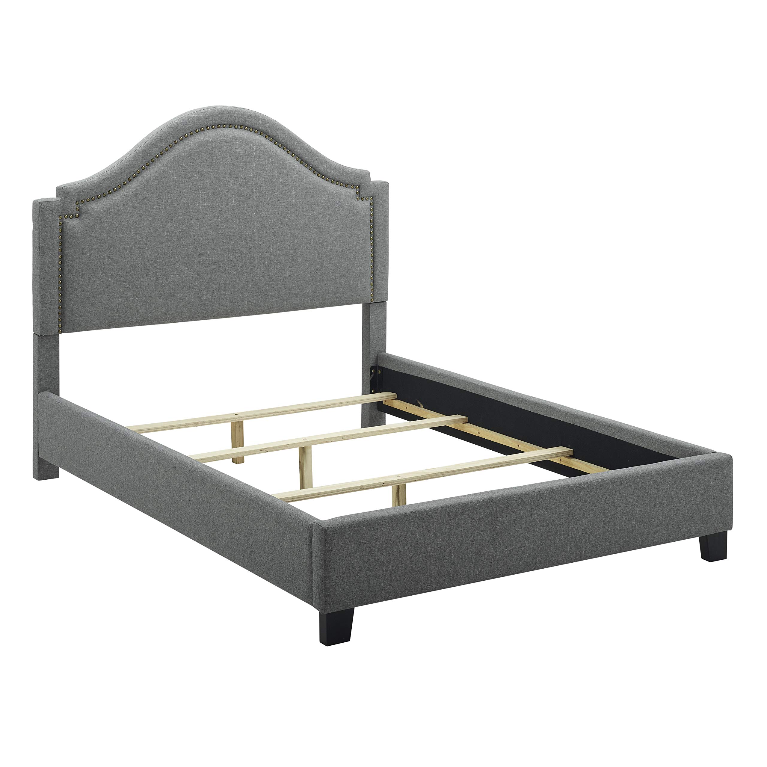 Roundhill Furniture LIDA Upholstered Panel Bed with Nailhead Trim - King Size Gray Upholstered Bed Frame for Master Bedroom | Elegant Bedroom Furniture with Tufted Headboard