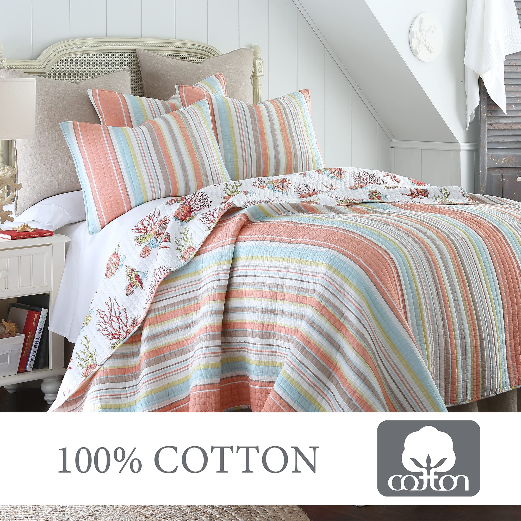 Levtex Home Brighton Coral Twin Cotton Quilt Set - Striped Coastal Bedding for Beach House, Guest Room & Nursery | Soft Breathable Quilt with Matching Shams