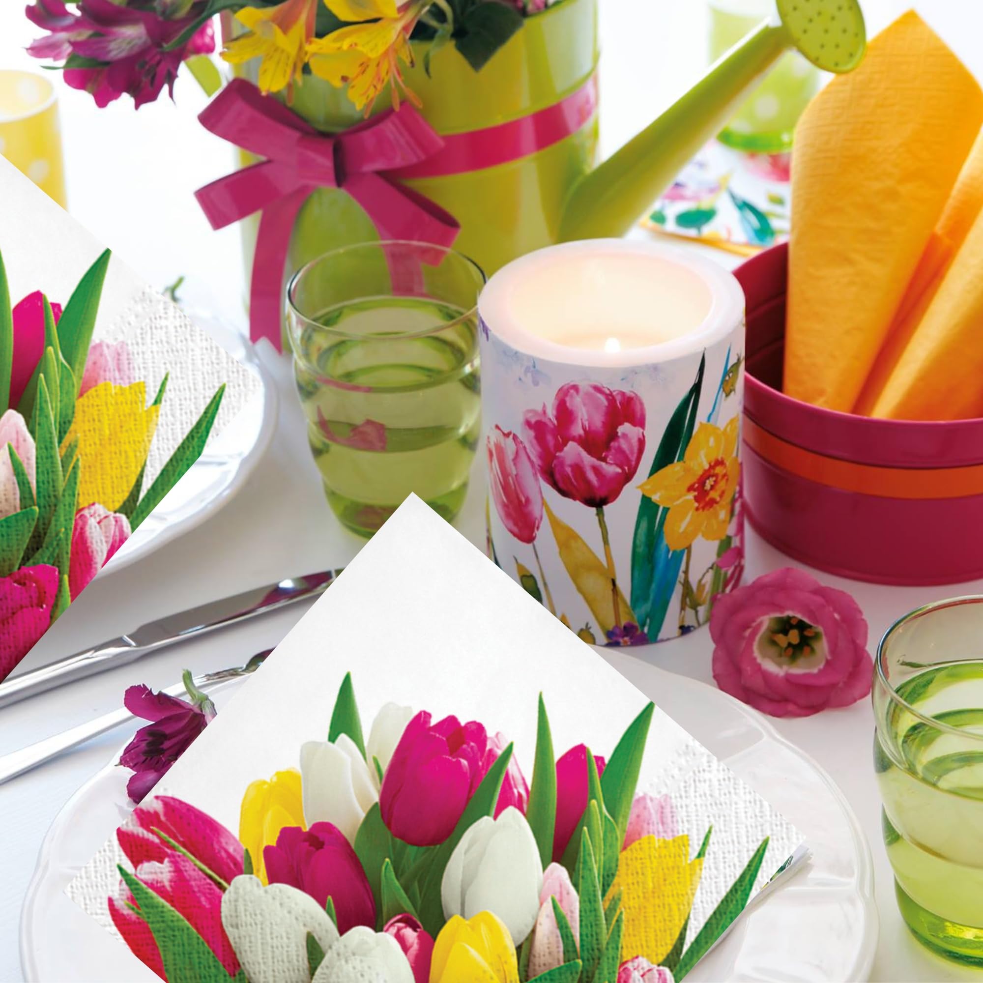20-Count 13x13 Inch Tulip Printed 3-Ply Decoupage Paper Napkins for Christmas, Dinner & Party Decor - Disposable Luncheon Serviettes with Floral Design - Perfect for Table Settings, Wedding Receptions & Spring Tea Parties (Bunch of Tulips)