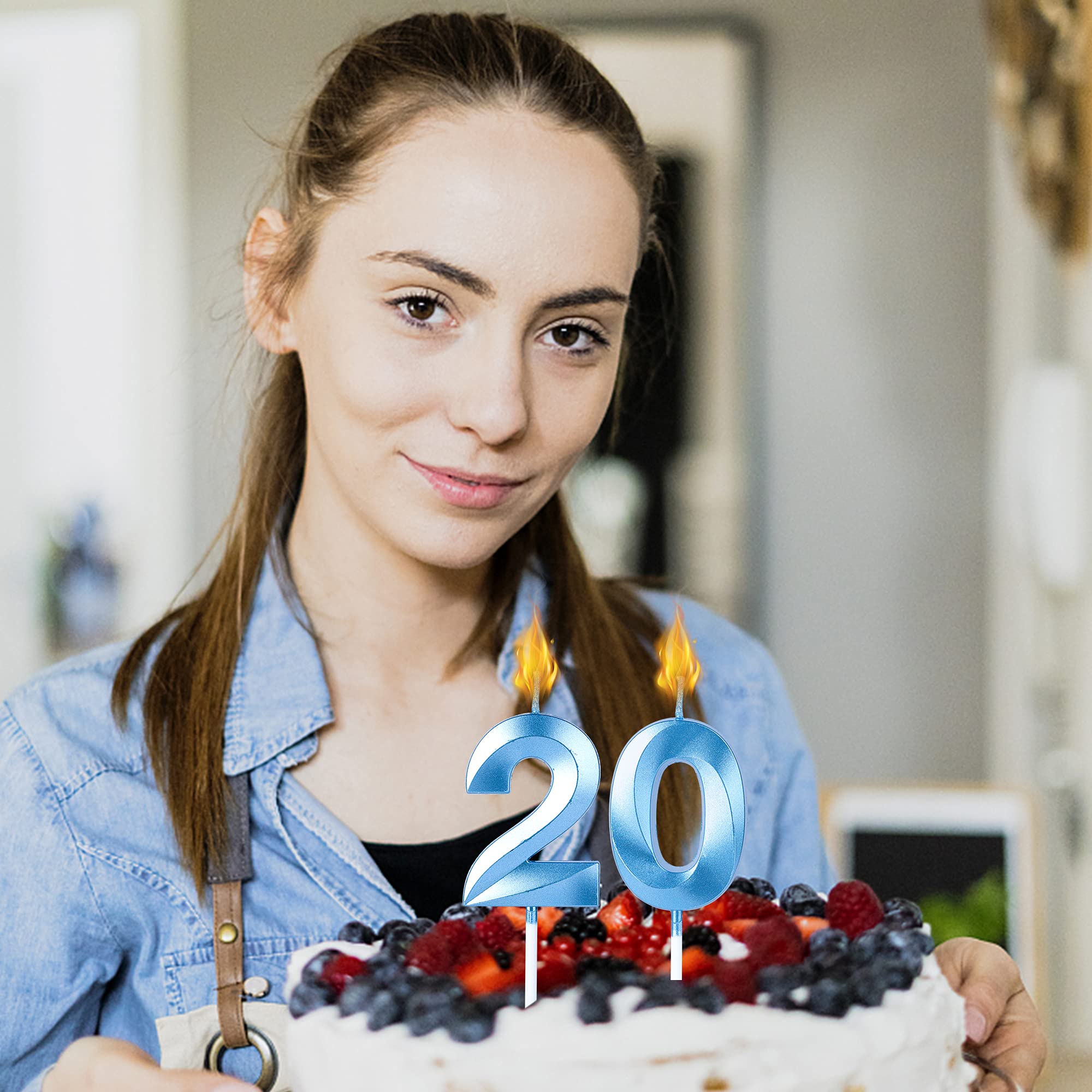 Blue Number 20 Glitter Birthday Candles for Cakes - Set of 2 Sparkling Cake Toppers for 20th Birthday Party, Anniversary & Wedding Celebrations - Perfect for Milestone Birthday Decorations and Special Occasion Cakes