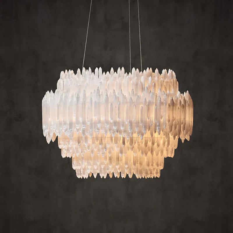 Selenite Crystal Round Chandelier - Natural Stone Pendant Light Fixture for Living Room, Bedroom & Meditation Space
