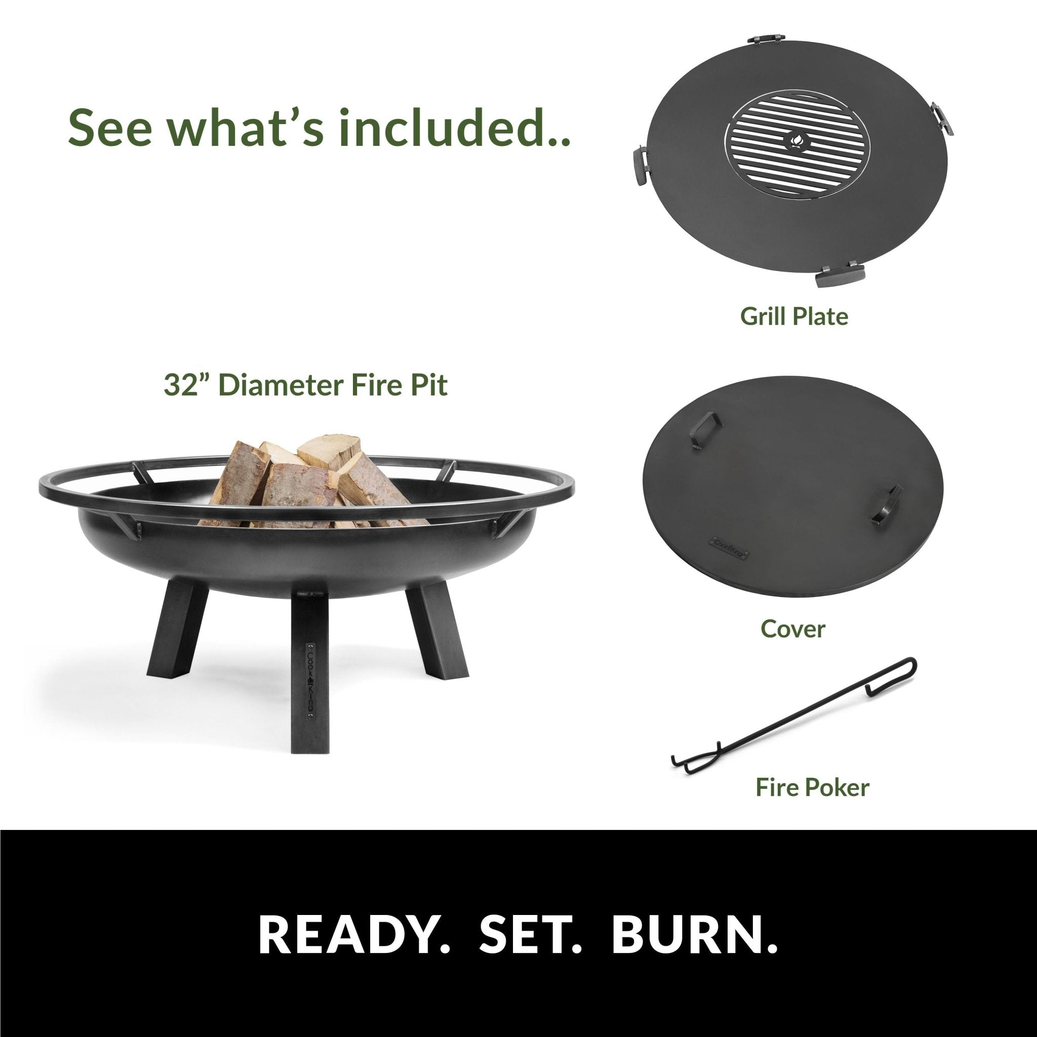 Porto 32-Inch Outdoor Fire Pit with Removable Grill Plate & Cover - Perfect for Backyard, Camping, and Patio Gatherings