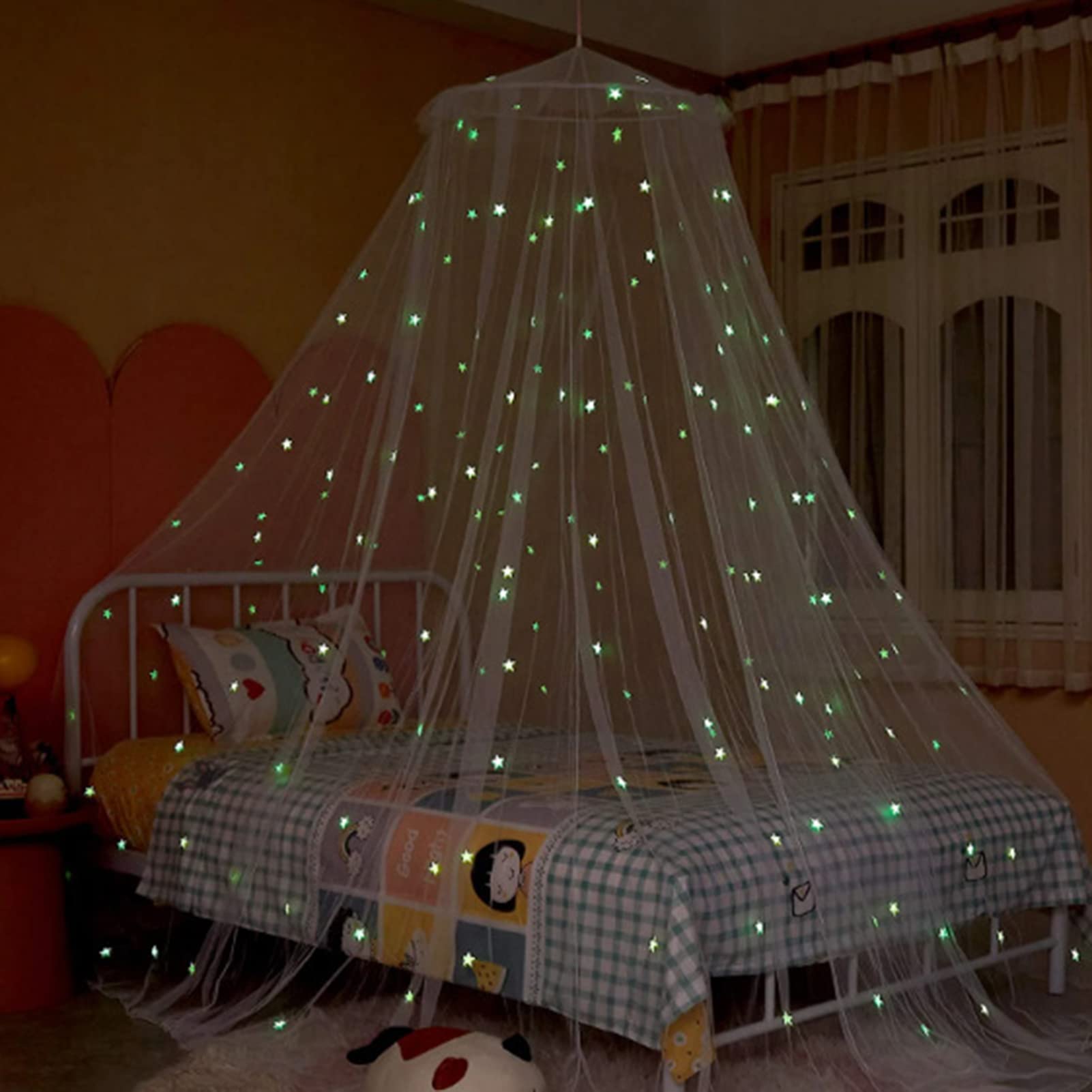 Glow in the Dark Mosquito Net for Bed Canopy with Fluorescent Stars - Kids Hanging Bed Dome Canopy for Nursery, Bedroom, Camping (White, Small)