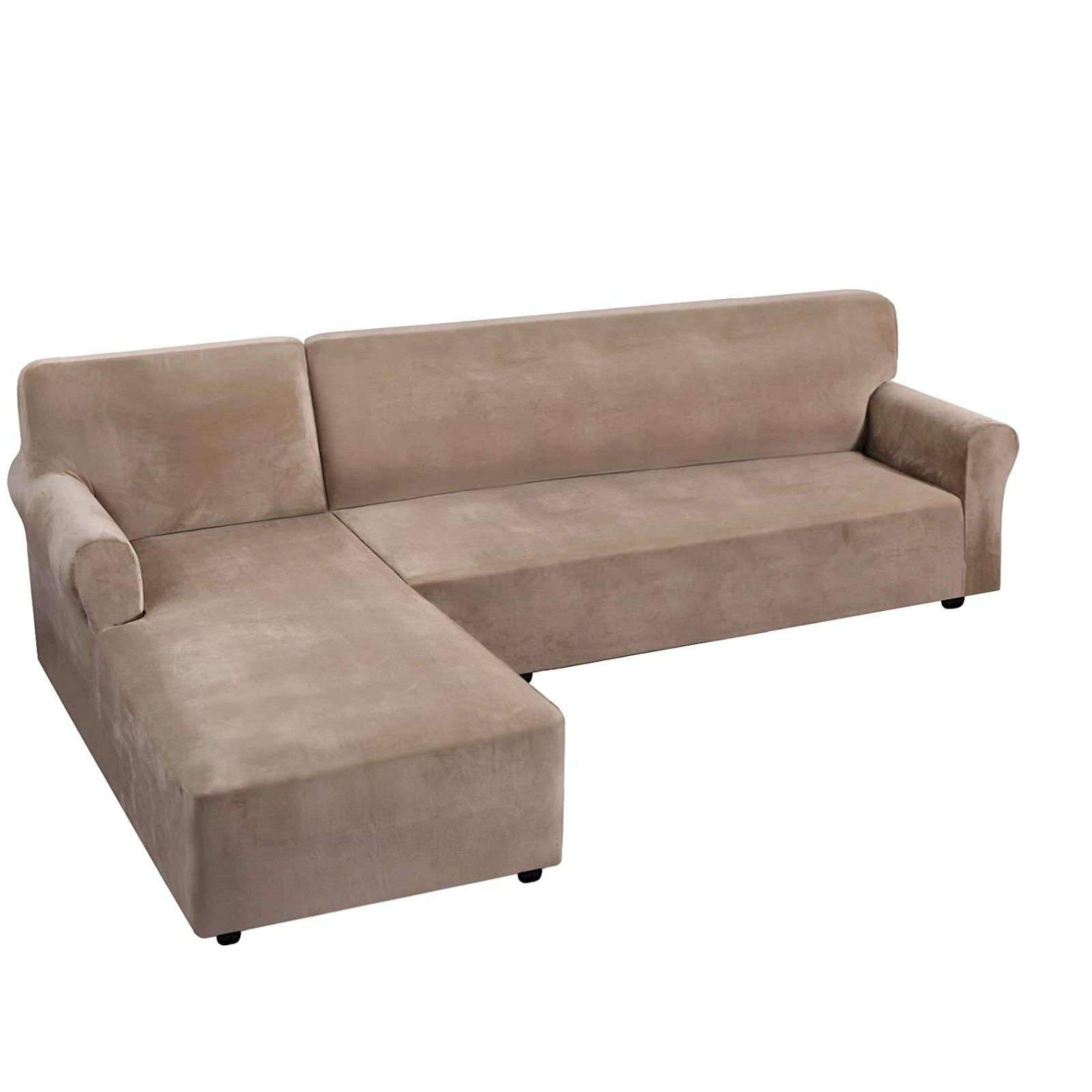 MO&SU 2-Piece Stretch Velvet L-Shaped Sofa Slipcover Set - Elastic Bottom Corner Couch Cover for 2-3 Seater Sofa (180-225cm) - Dark Brown - Pet & Kid Friendly Furniture Protector - Perfect for Living Room, Family Room & Home Theater Sectional Sofas