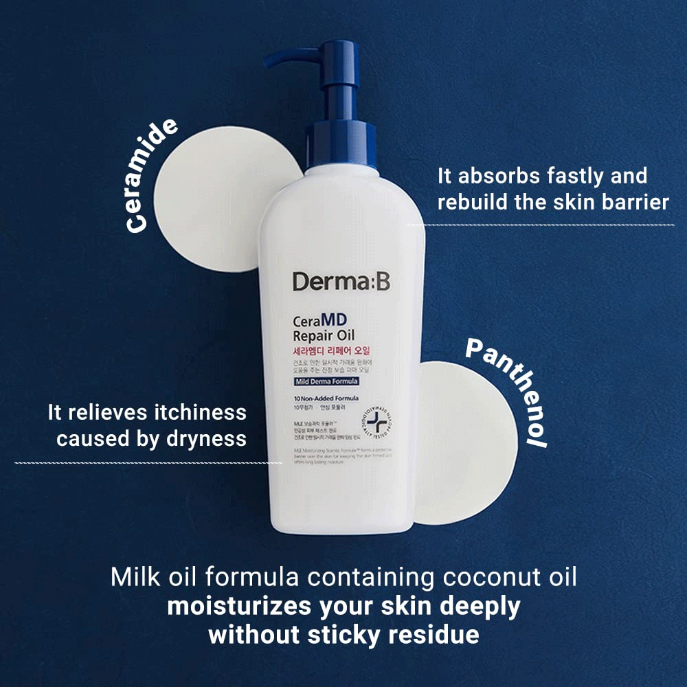 Derma:B CeraMD Repair Oil 200ml - Skin Barrier Repair Treatment for Dry, Sensitive Skin - Hydrating Facial & Body Oil with Ceramides - Perfect for Night Routine & Post-Procedure Care