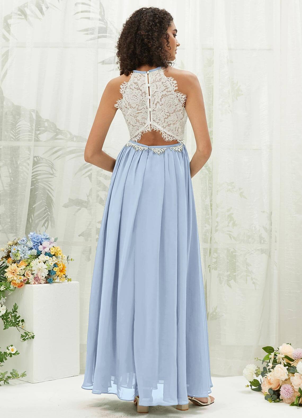 Cornflower Blue Lace Halter Neck Backless Chiffon Slit Bridesmaid Dress - Elegant Formal Gown for Weddings, Prom & Special Occasions