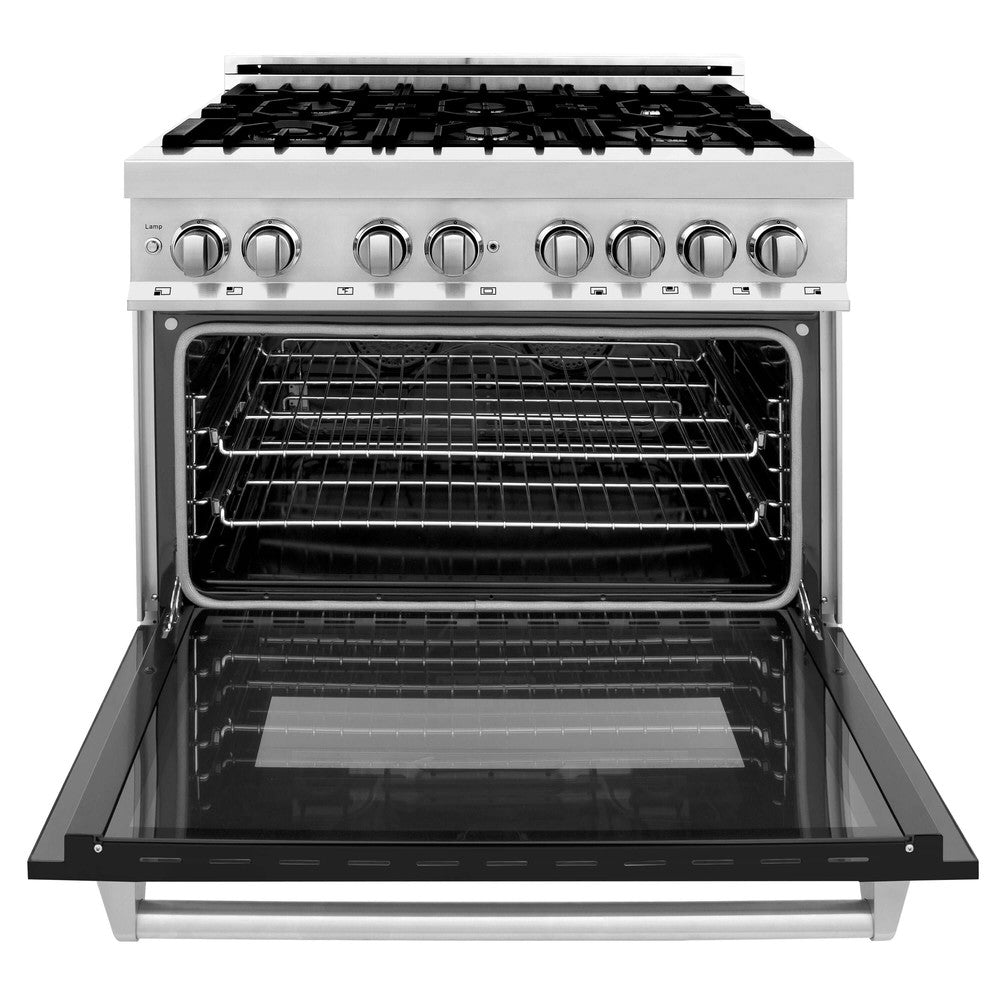 ZLINE 36 Inch Professional Dual Fuel Range Kitchen Package - Stainless Steel Gas Range with Black Matte Door & Convertible Vent Hood (2KP RABLMRH36) - Perfect for Home Chefs & Modern Kitchens