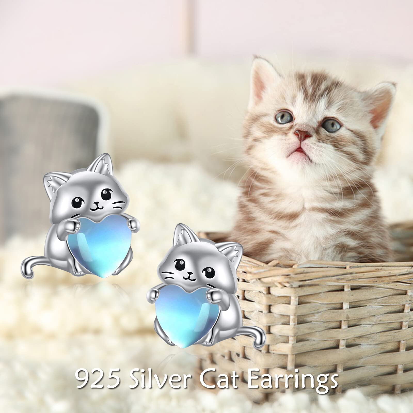 YFN Sterling Silver Cat Moonstone Stud Earrings for Women & Girls | Elegant Animal Jewelry for Everyday Wear & Special Occasions