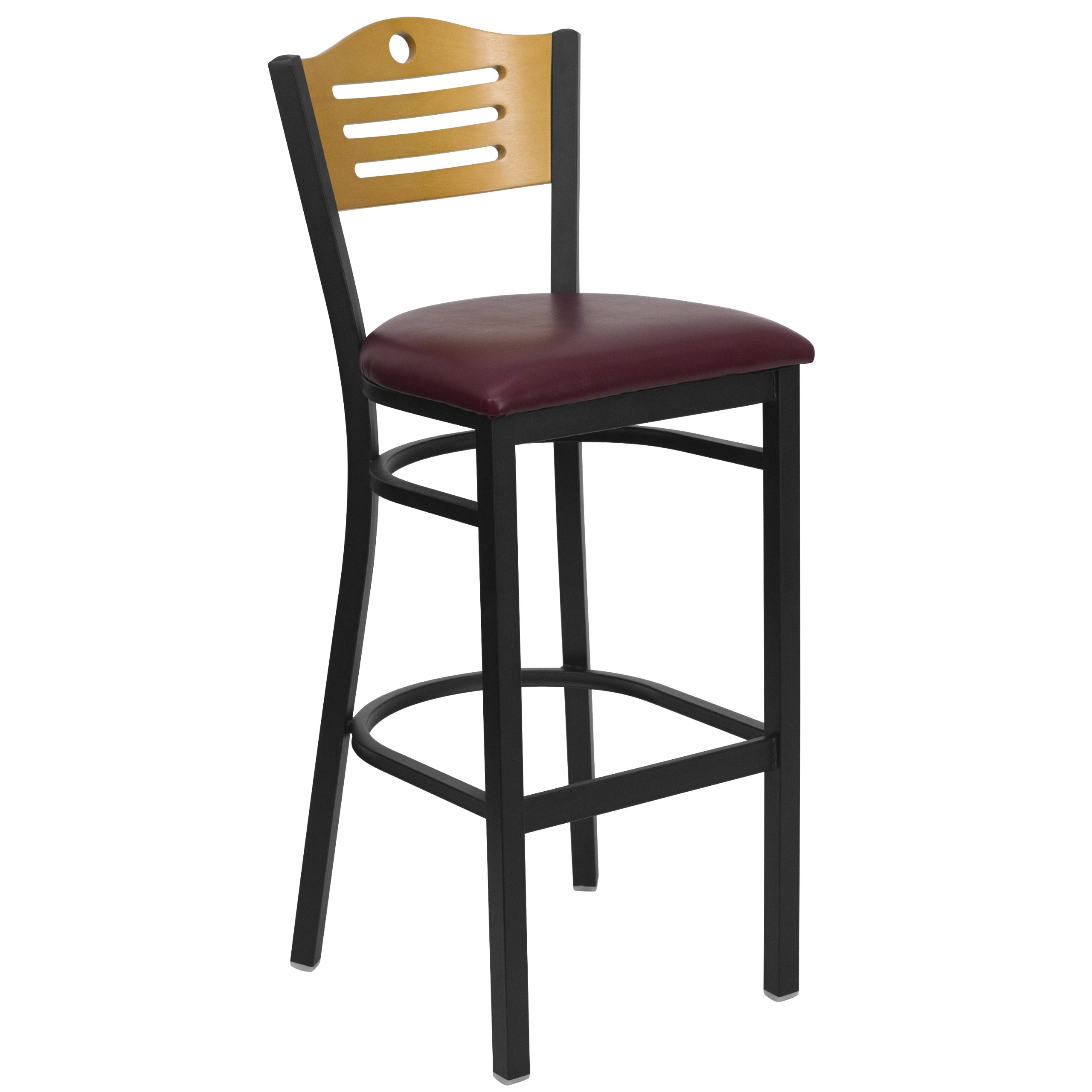 Flash Furniture HERCULES Series Black Metal Bar Stool with Natural Wood Slat Back & Burgundy Vinyl Seat - Commercial Grade Restaurant & Home Bar Counter Stool for Kitchen Island, Pub, and Dining Room