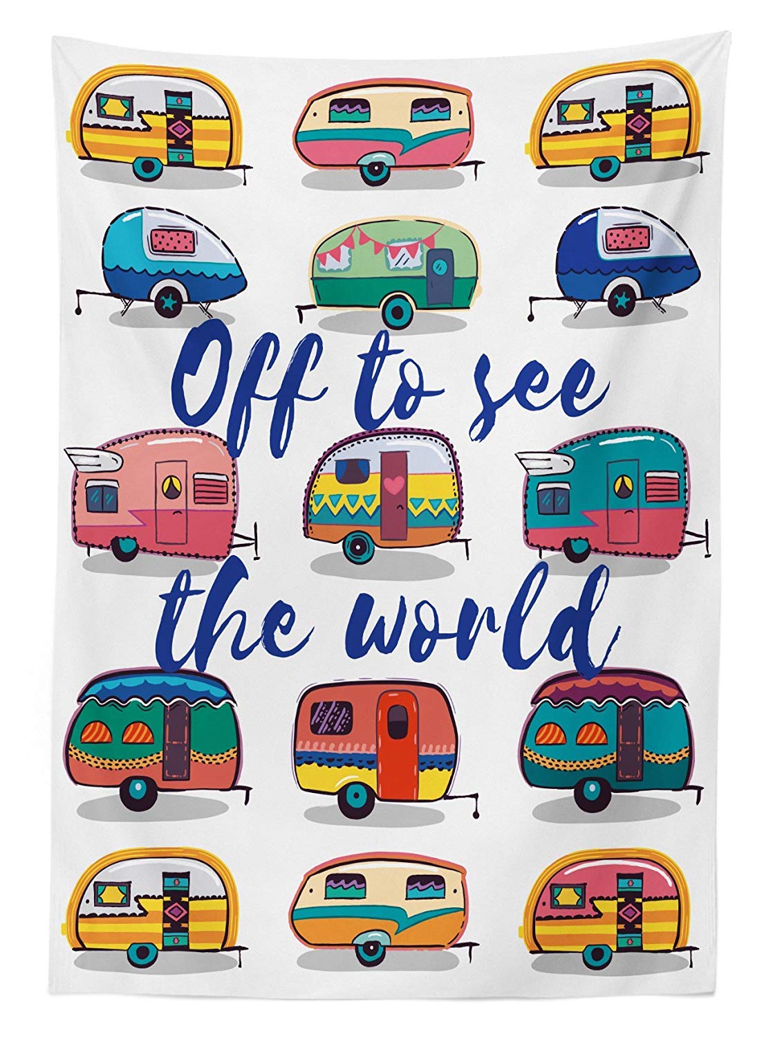 Vintage Travel Inspired Washable Picnic Tablecloth - 58x84 Inch Teal & Yellow Outdoor Table Cover with Caravan Print | Perfect for Camping, Picnics, RV Trips & Backyard BBQs