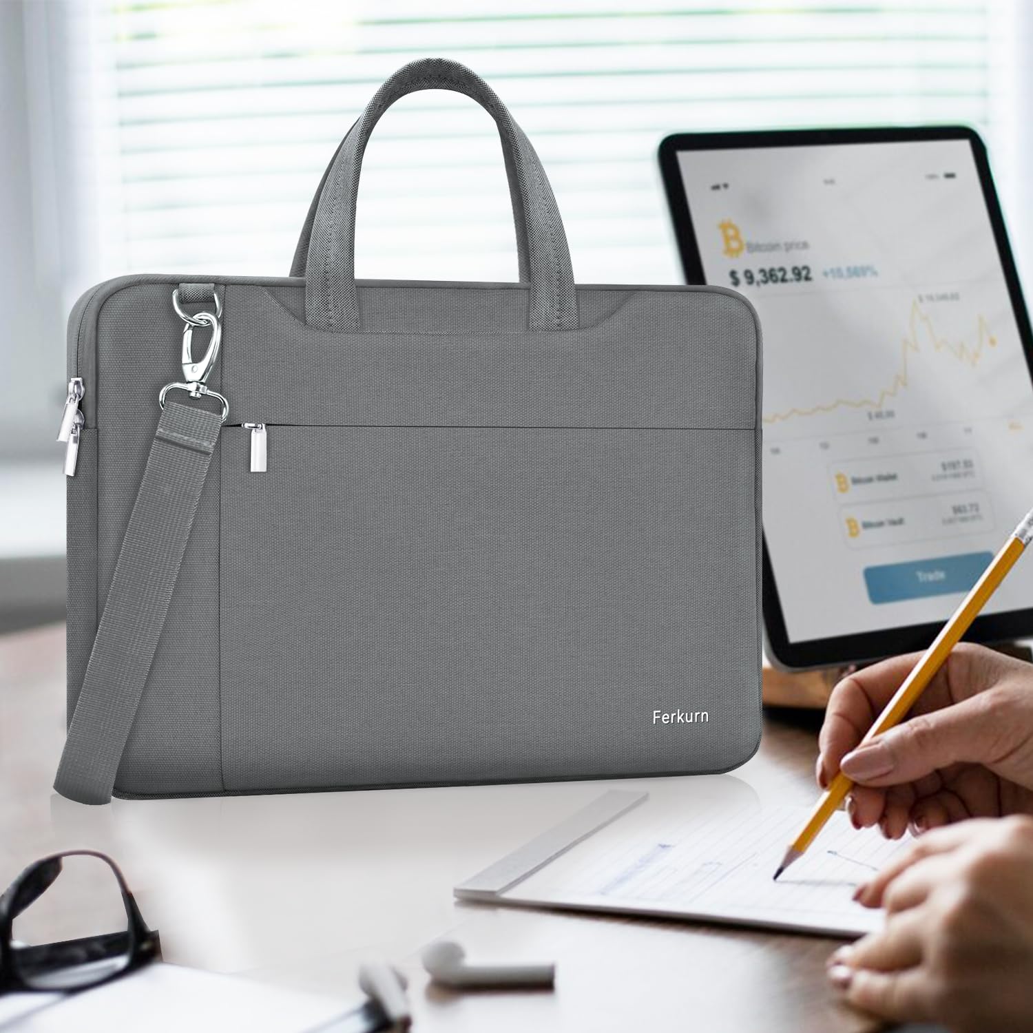 Ferkurn 14 Inch Laptop Bag Case for Women & Men, Stylish Laptop Sleeve & Briefcase with Shoulder Strap, Compatible with MacBook Pro/Air, HP Chromebook, Dell XPS, ASUS, Acer, Samsung, Grey - Perfect for Work, Travel & School