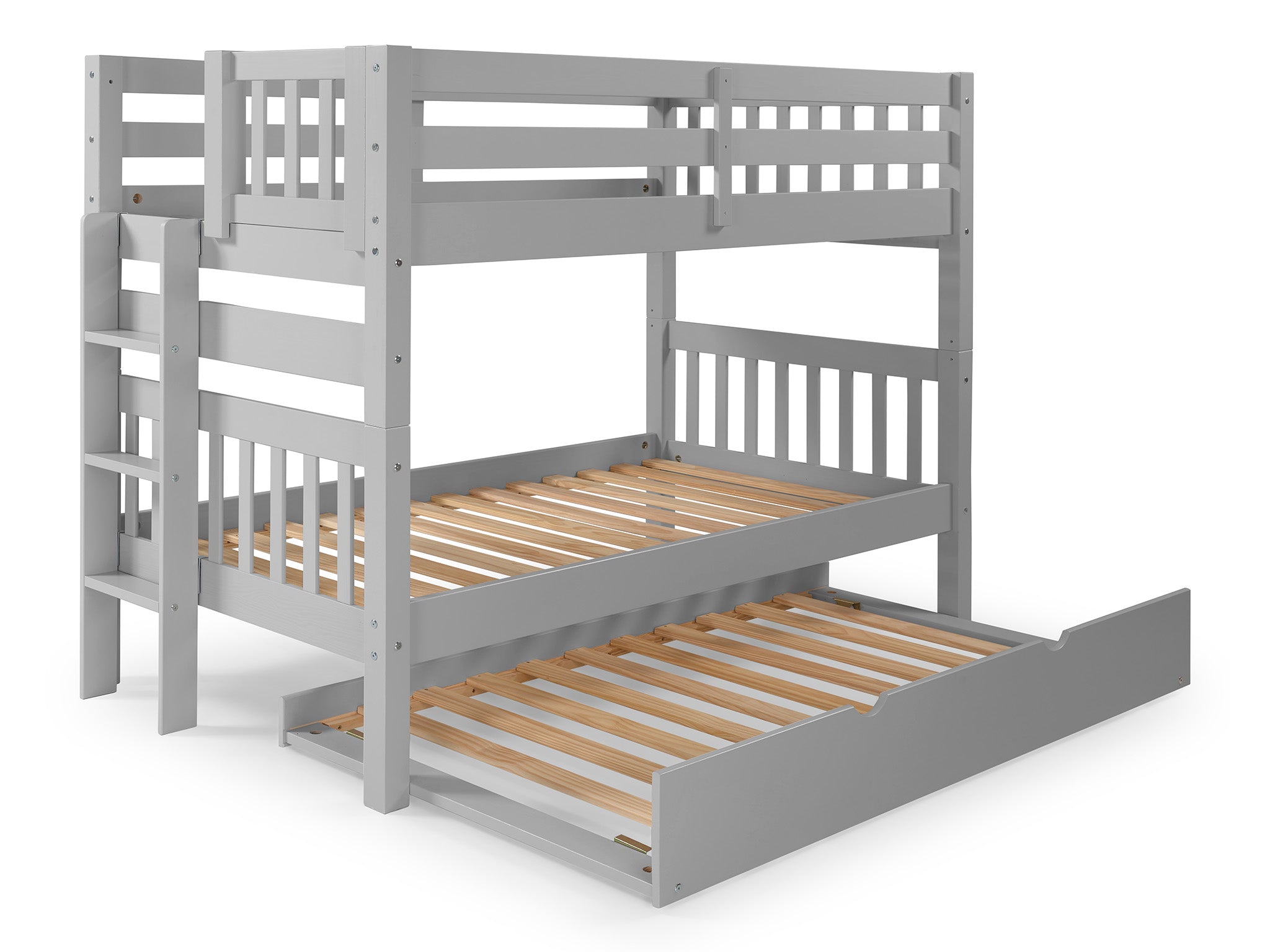 Twin Over Twin Bunk Bed with End Ladder & Trundle - Space-Saving Gray Kids Bedroom Furniture for Small Rooms, Guest Rooms & Vacation Homes