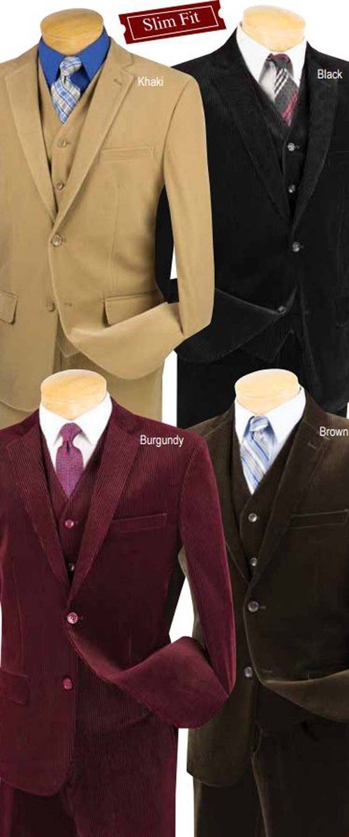 VINCI Men's Slim Fit Corduroy Suit with Vest - 2 Button Single Breasted Blazer & Pants Set in Khaki (Size 50R) | Formal Business Attire for Weddings, Office & Special Occasions