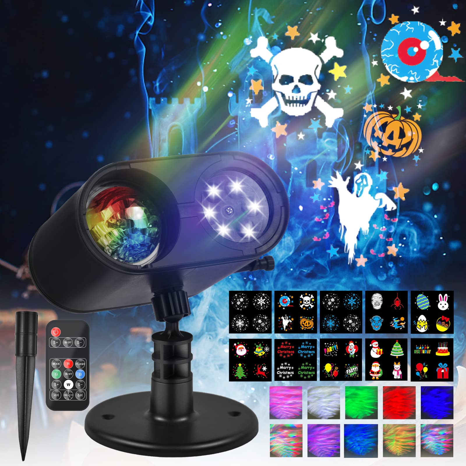 Halloween & Christmas Outdoor Projector Lights - 2-in-1 Holiday Decoration with 20 HD 3D Aurora Effects, Waterproof Design & Remote Control Timer - Perfect for Xmas Decorations, Halloween Party, and Year-Round Outdoor Lighting
