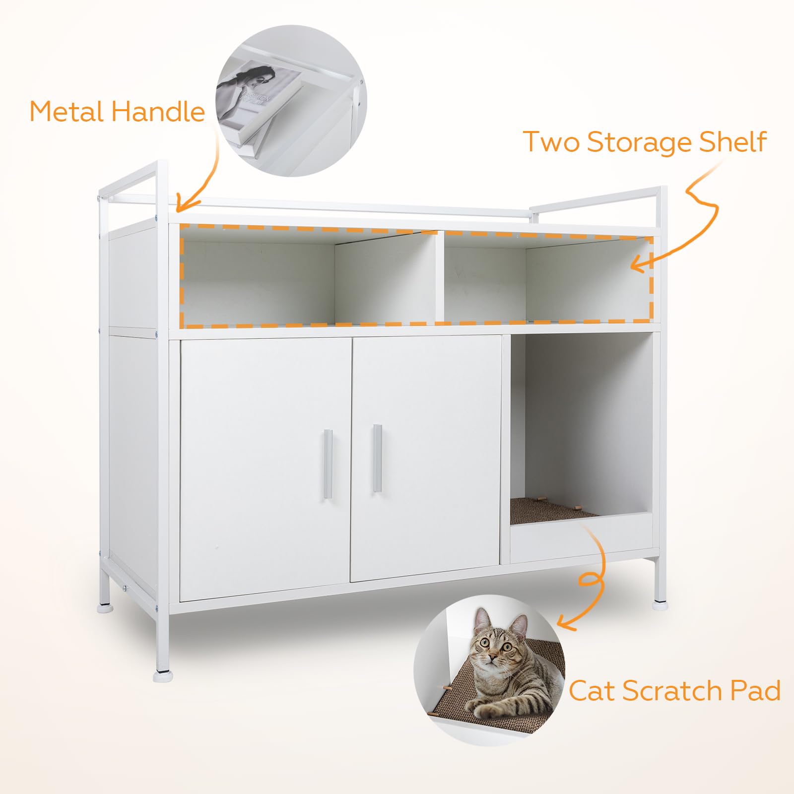 YUSING Cat Litter Box Enclosure Furniture - Hidden Large Cat Washroom Storage Cabinet with Double Doors & Open Shelf - White for Bedroom & Living Room | Perfect for Small Spaces & Multi-Cat Homes