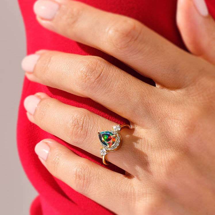 Natural Black Opal Halo Ring - Pear Shape Faceted Gemstone Engagement Ring for Women, Wedding, Anniversary & Special Occasions