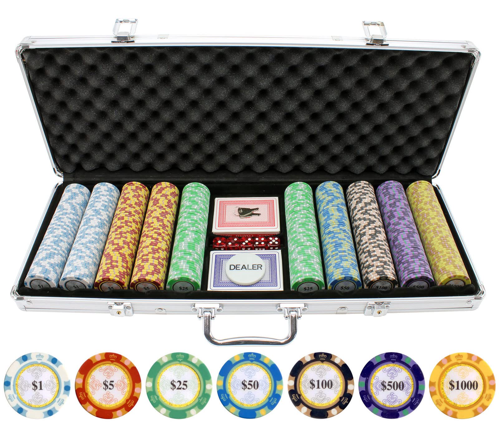 Premium 13.5g Clay Monte Carlo Poker Chip Set - Casino Grade 500 Chips with 7 Color Denomination, 2 Decks of Cards, Dice & Dealer Button - Perfect for Texas Hold'em, Blackjack & Home Poker Games