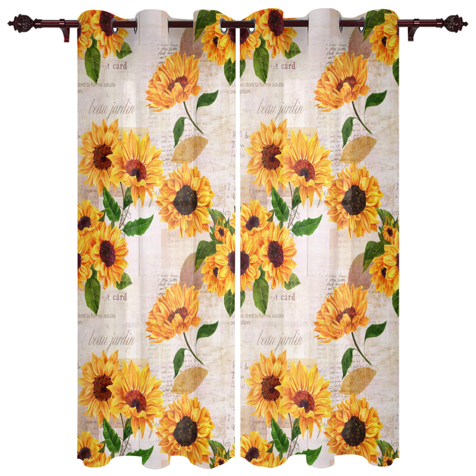 Sunflower Semi-Sheer Curtains - Light Filtering Window Drapes with Grommet Top for Living Room & Bedroom - Vintage Newspaper Print Design - 104