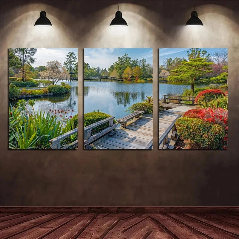 3-Piece Japanese Style Garden Metal Wall Art Prints - Ready to Hang Landscape Decor for Living Room, Bedroom & Office