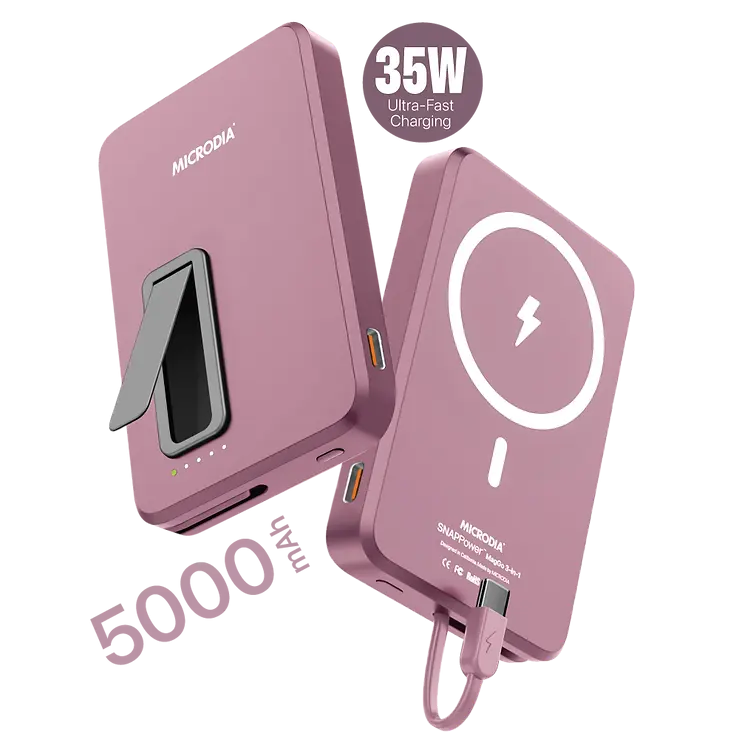 MICRODIA SNAPPower™ MagGo 35W 5000mAh Magnetic Wireless Power Bank - 15W Wireless & 20W USB-C PD Fast Charging with Built-in Cable & Kickstand - Perfect for iPhone, Android, Travel & On-the-Go Charging