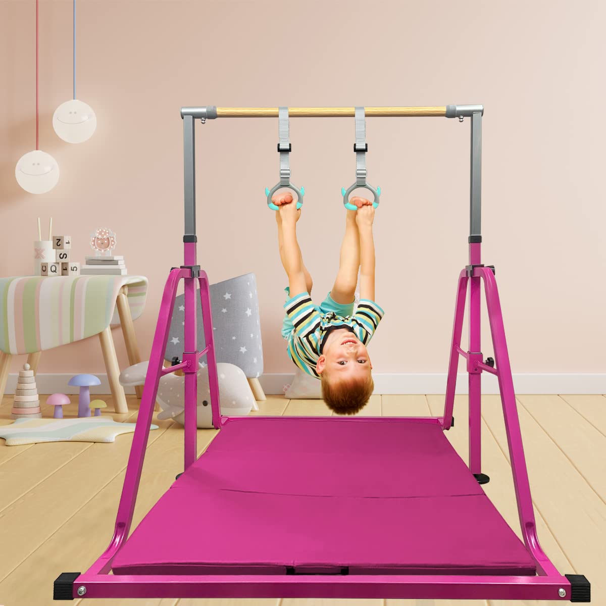 Adjustable Gymnastics Bar for Kids with Rings Set - 7 Height Levels, Foldable Monkey Bars for Home Training, Max Load 300LBS - Perfect for Indoor Playroom & Backyard Fitness