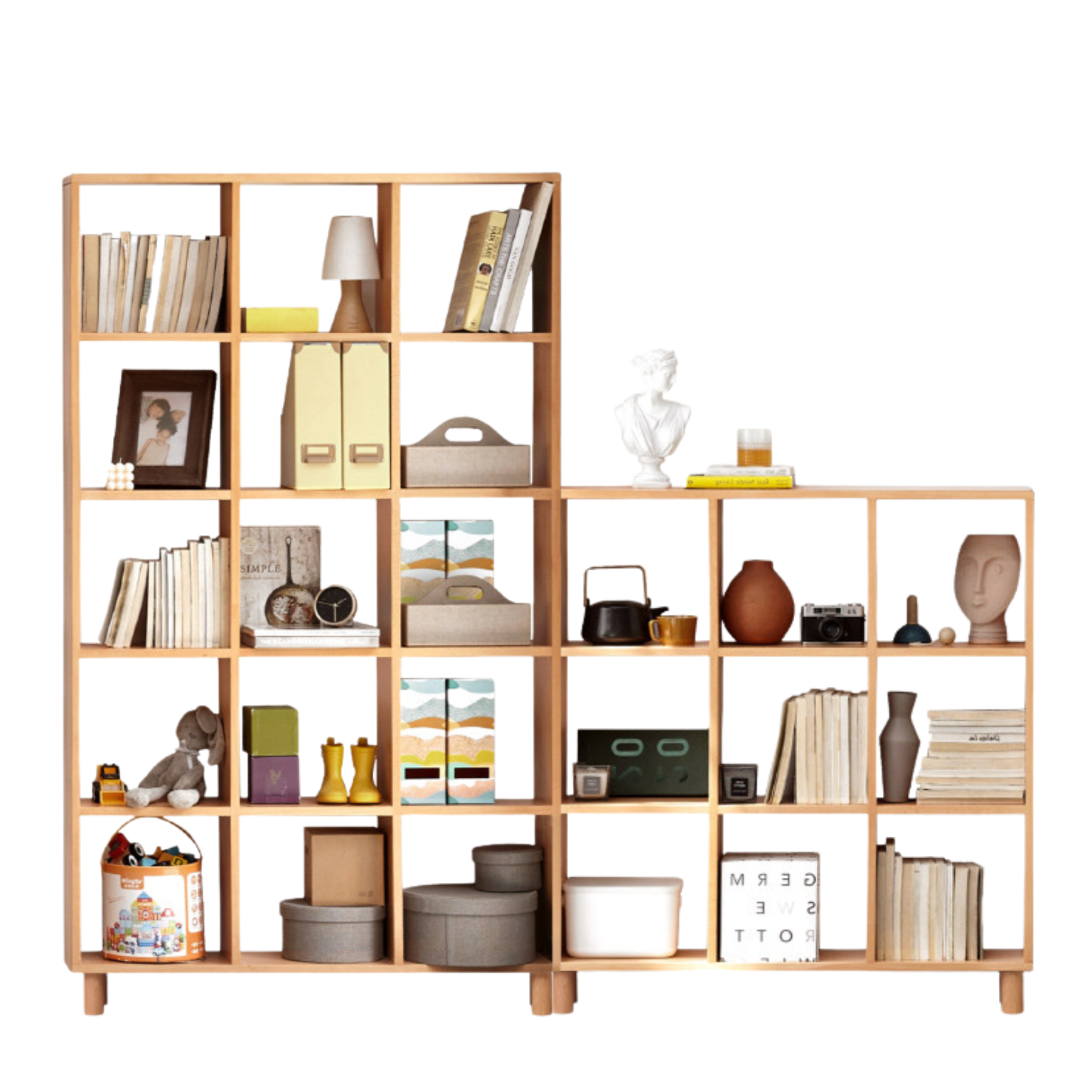 Solid Wood Bookshelf - Beech & Oak Bookcase with Free Combination - Perfect for Home Office, Living Room, and Library Storage