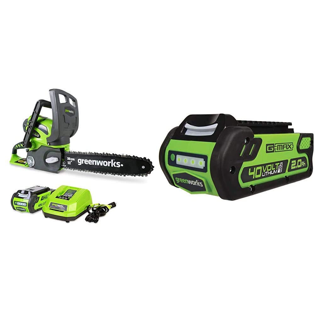 Greenworks 40V 12-Inch Cordless Chainsaw with 2.0AH Battery & Charger - Lightweight Electric Chainsaw for Tree Trimming, Yard Cleanup, Firewood Cutting - Perfect for Homeowners, Landscapers & DIY Projects (Model 20262 & 29462 Battery)
