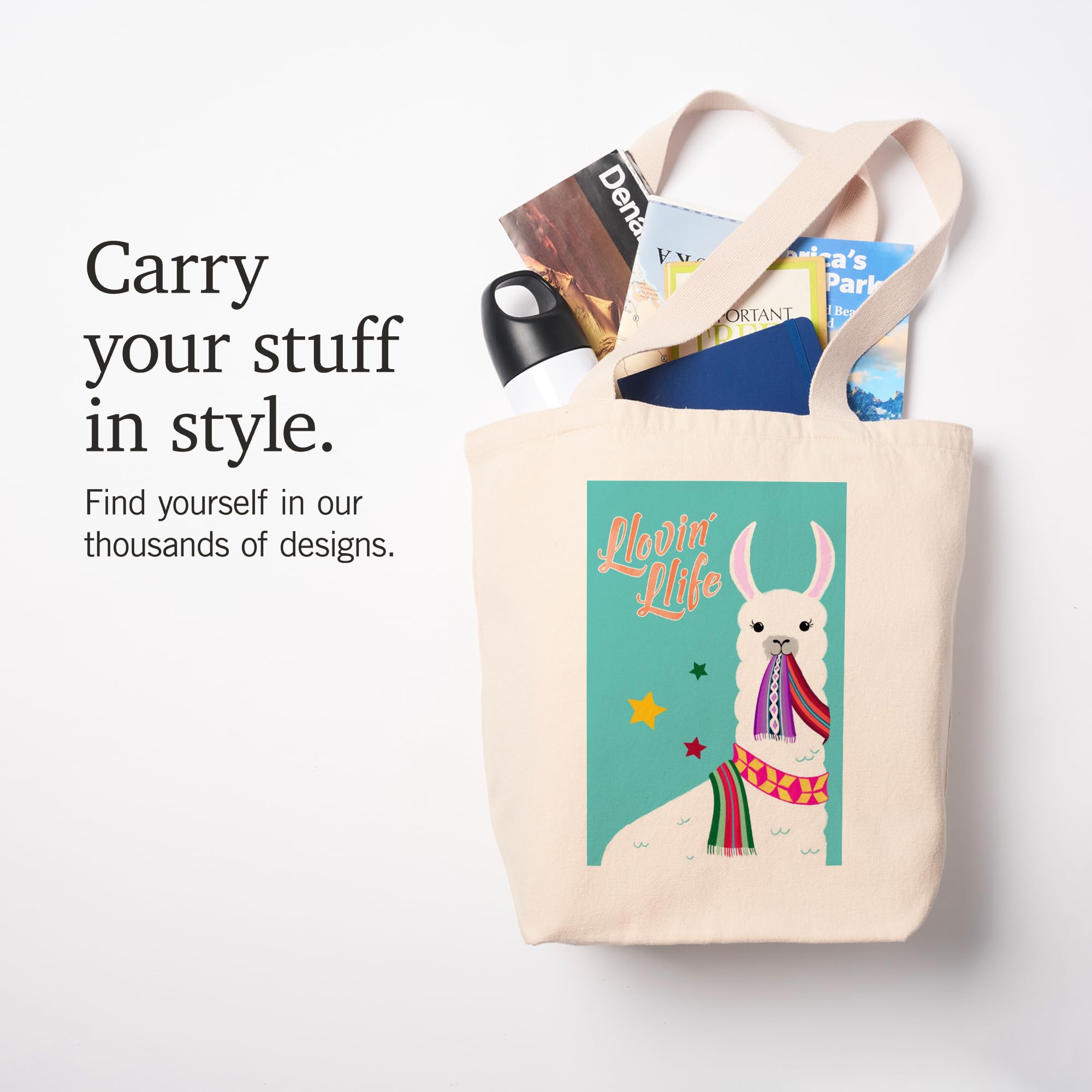 Lantern Press Llovin' Llife Llama Blue Cotton Canvas Reusable Tote Bag - Eco-Friendly Shopping & Beach Tote for Women