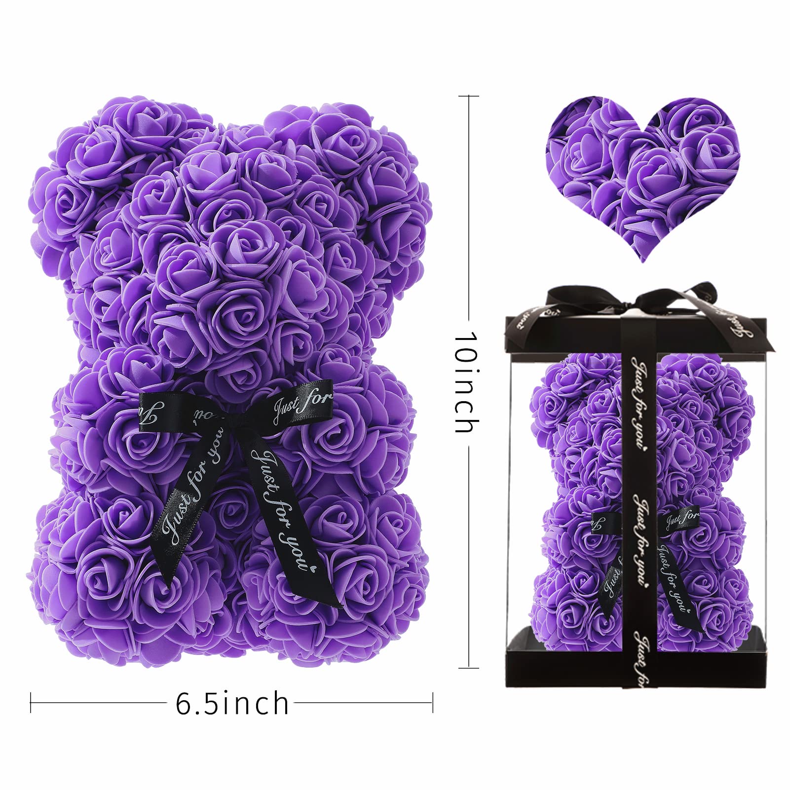 10-inch Handmade Rose Teddy Bear Gift - Purple Rose Flower Bear for Girlfriend, Daughter, Valentine's Day, Mother's Day, Wedding & Anniversary - Elegant Clear Gift Box | Romantic Present for Special Occasions & Home Decor