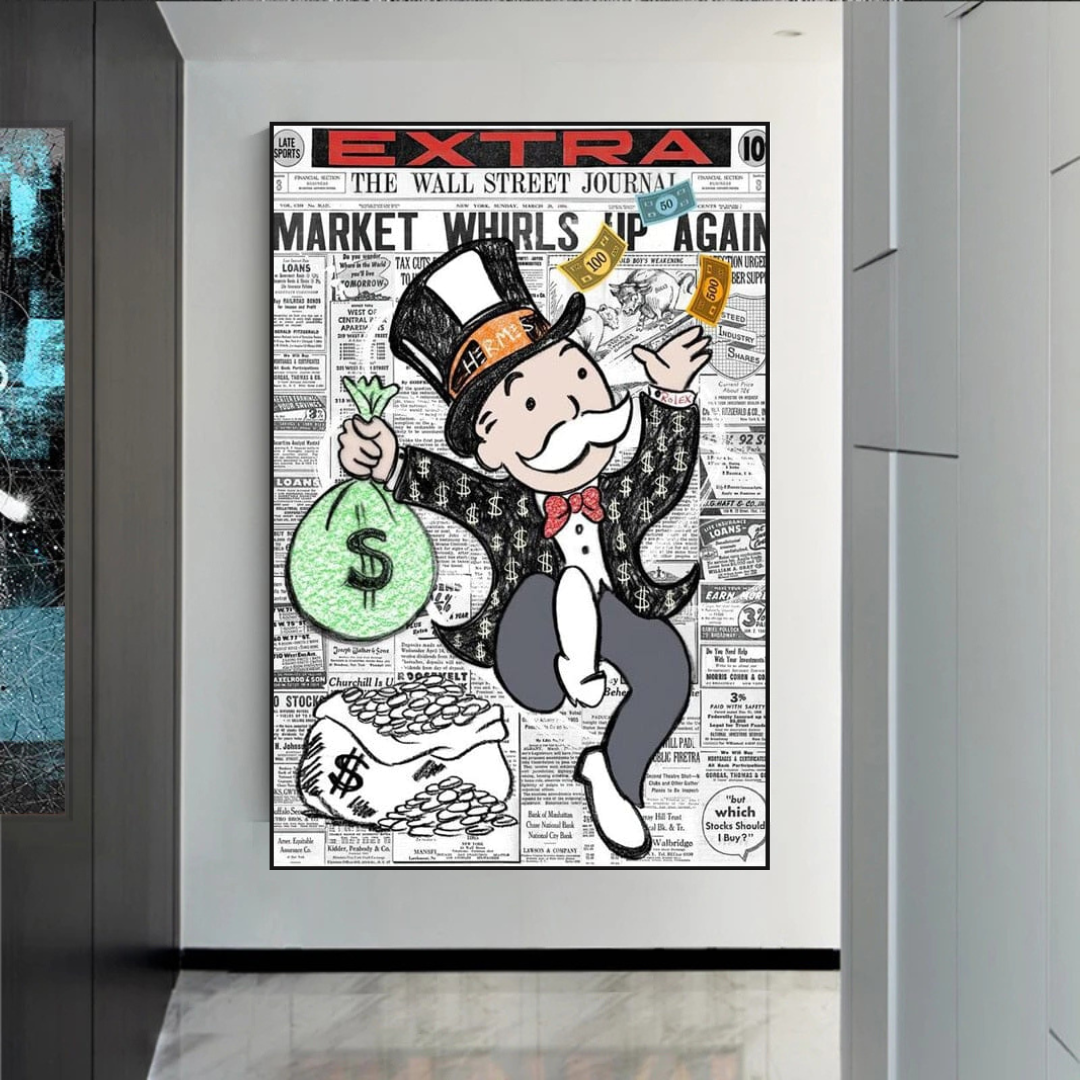 Alec Monopoly Money Bag Newspaper Print Canvas Wall Art - Modern Pop Art Decor for Living Room, Bedroom & Office