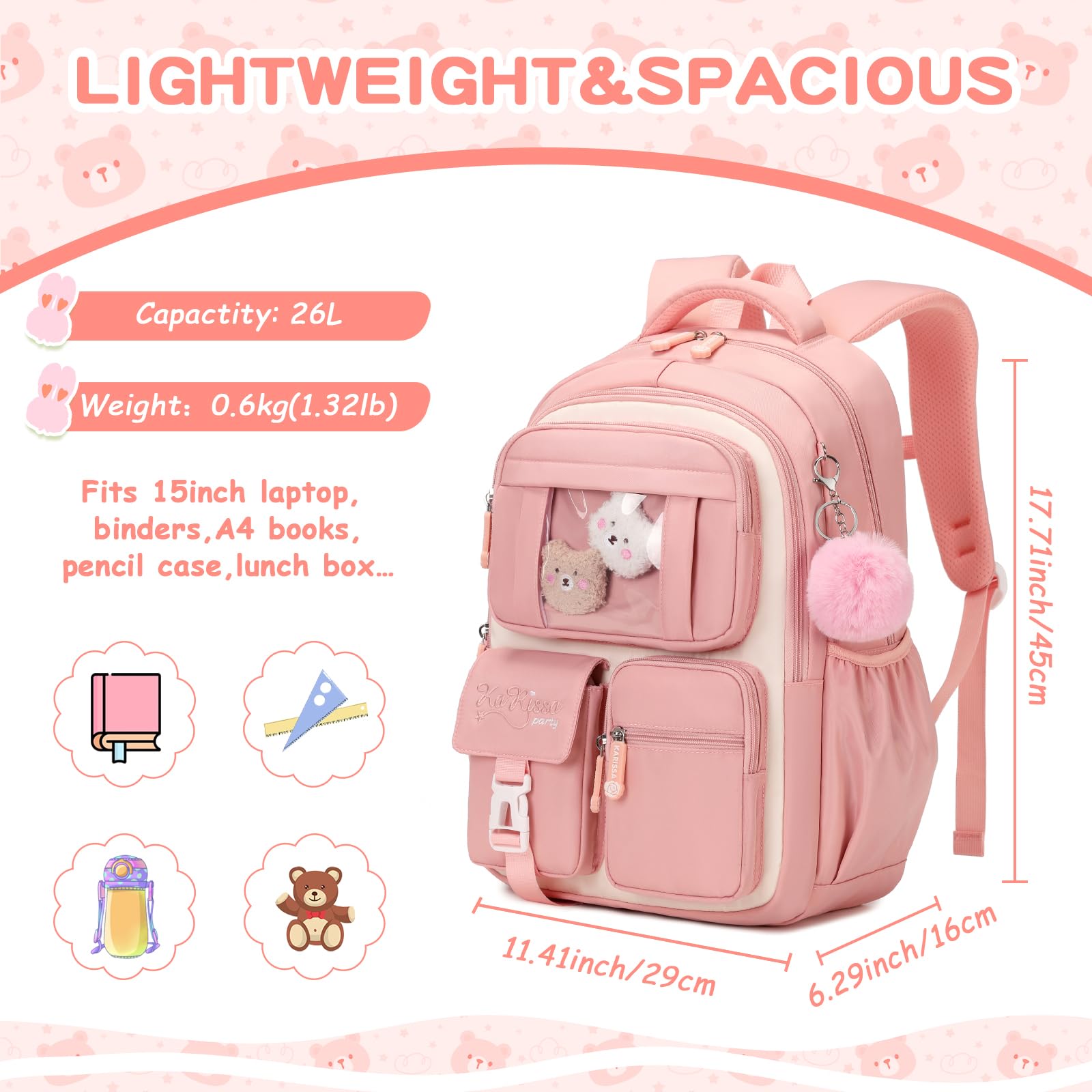 Cute Kawaii Ita Backpack for Girls - Pink & Beige School Book Bag for Elementary & Middle School Students | Perfect for Daily Use, Travel & School Supplies Organization