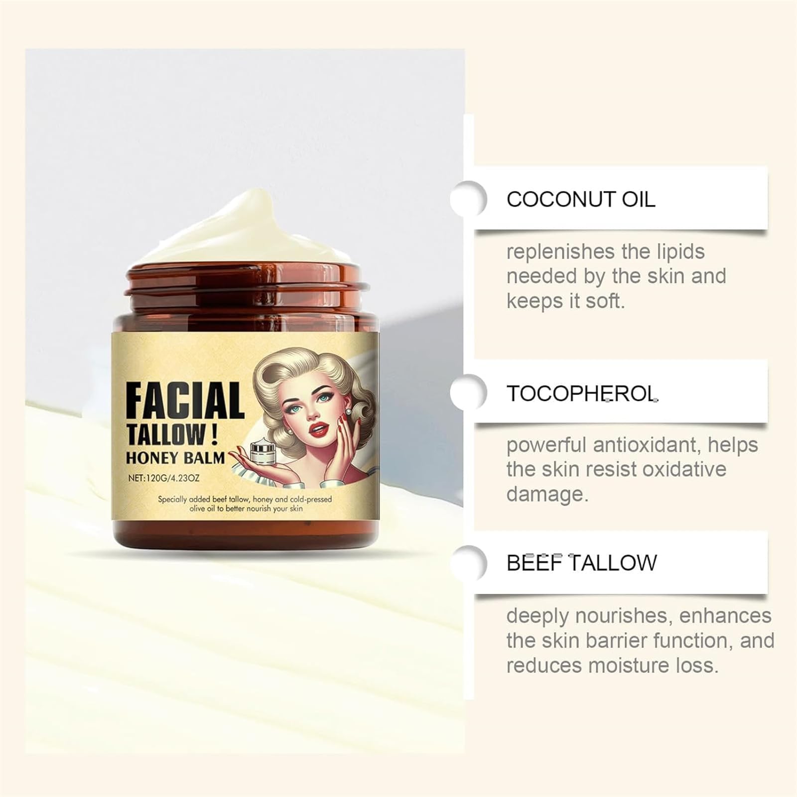 Organic Whipped Tallow Honey Balm - Grass Fed Face Cream & Lip Balm for Dry Skin Care (2pcs)