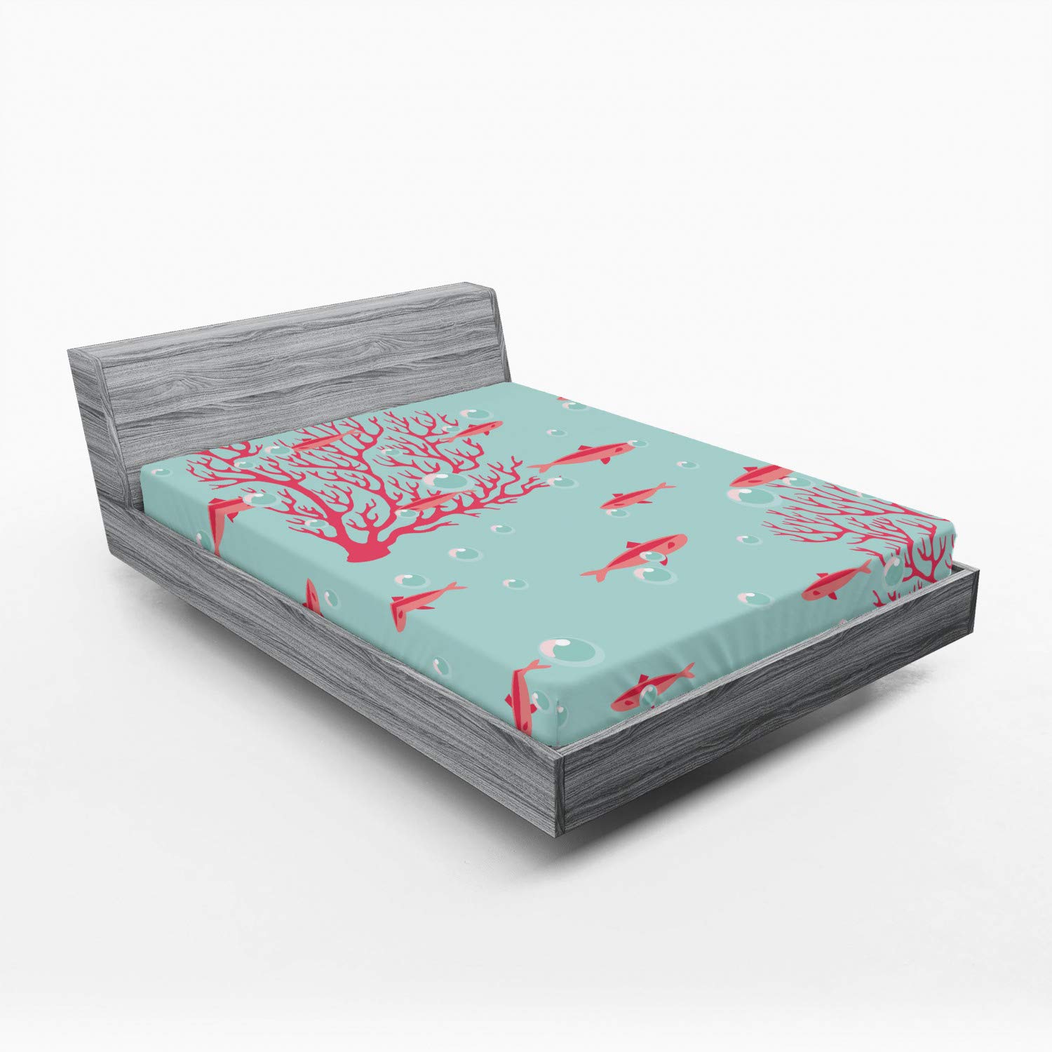 Ambesonne Coral Fitted Sheet Queen Size - Underwater Themed Bedding with Fish & Coral Reef Design, Deep Pocket Elastic All Around for Comfort, Dark Coral & Pale Blue - Perfect for Beach House, Kids Room or Ocean Lover's Bedroom Decor